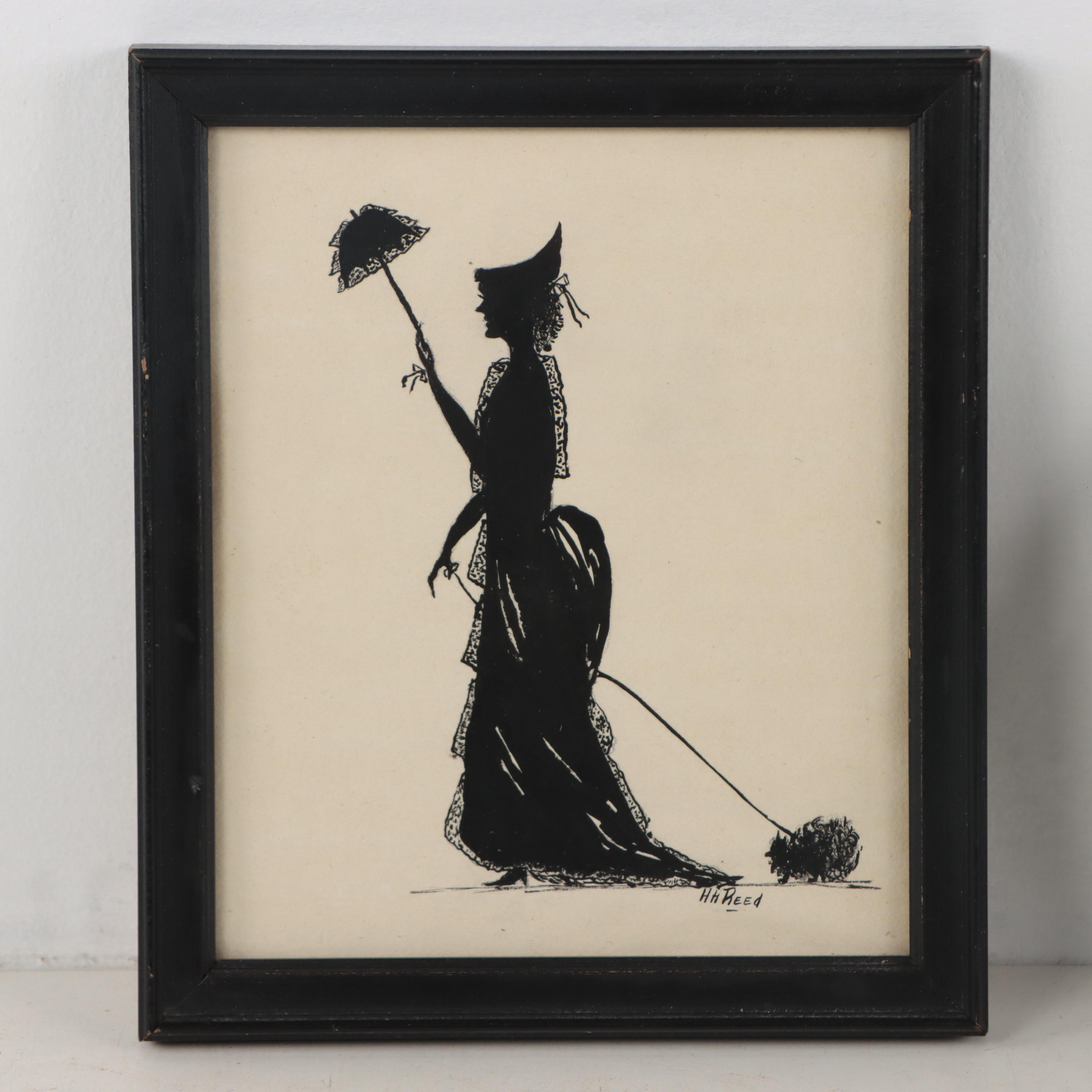 H. H. Reed Silhouette Drawings and Framed Needlepoint Textile