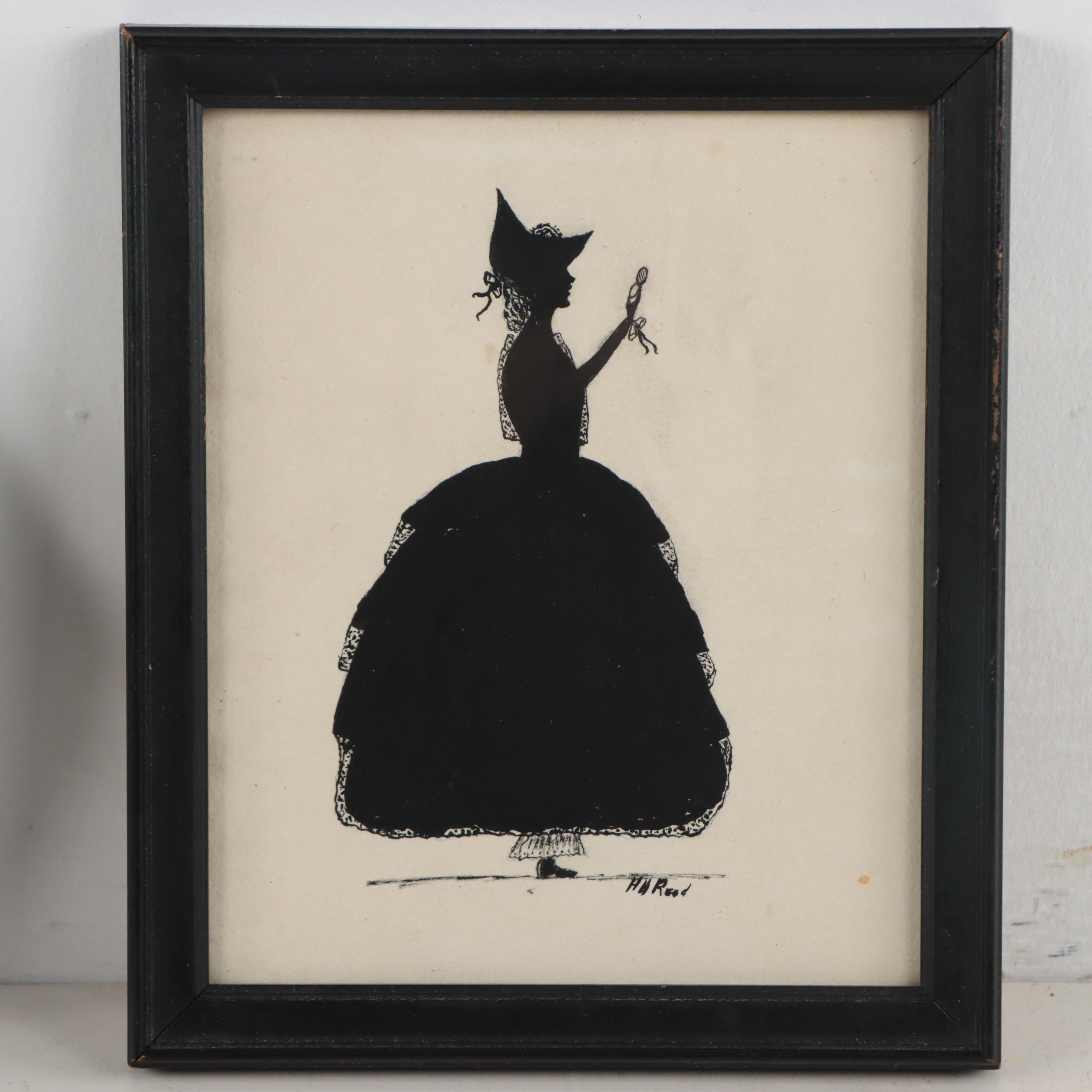 H. H. Reed Silhouette Drawings and Framed Needlepoint Textile
