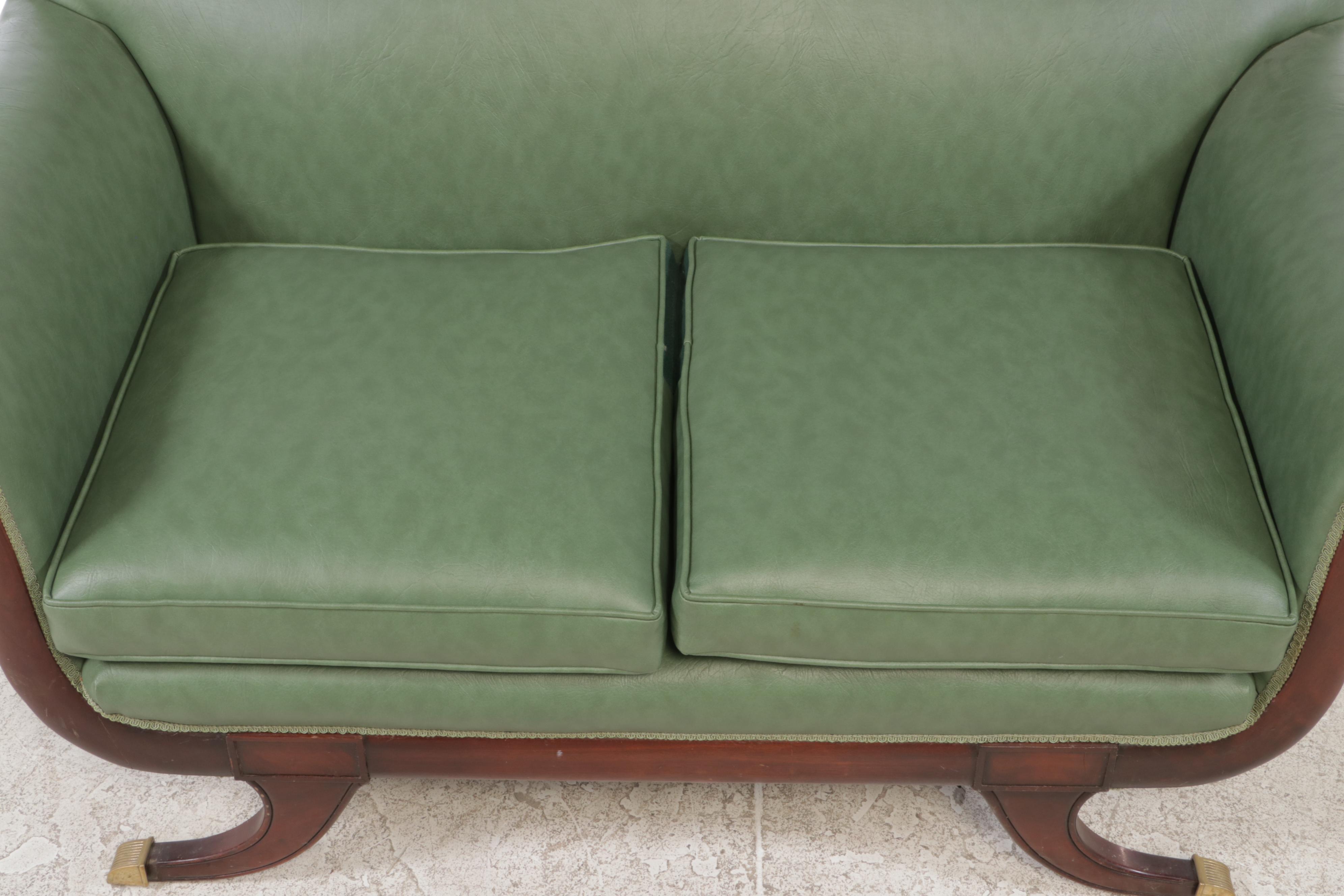 American Classical Style Mahogany and Green Vinyl Loveseat, 20th Century