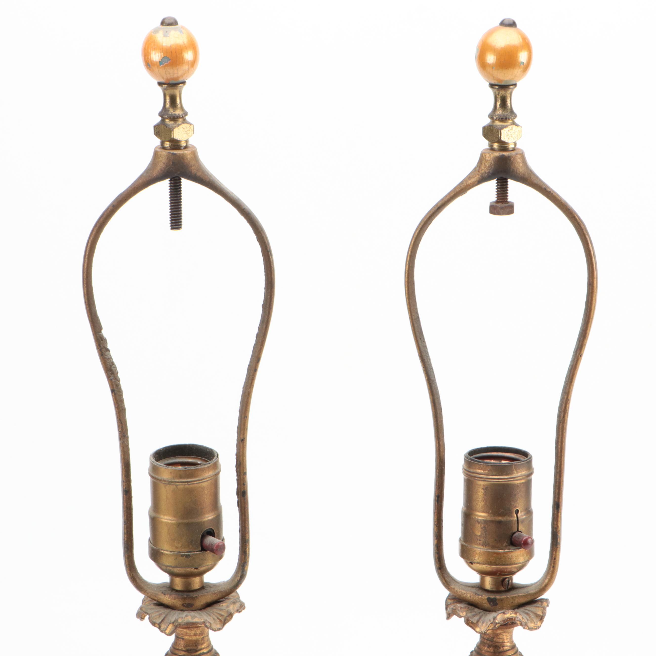 French Empire Style Pink Marble and Gilt Metal Column Table Lamps