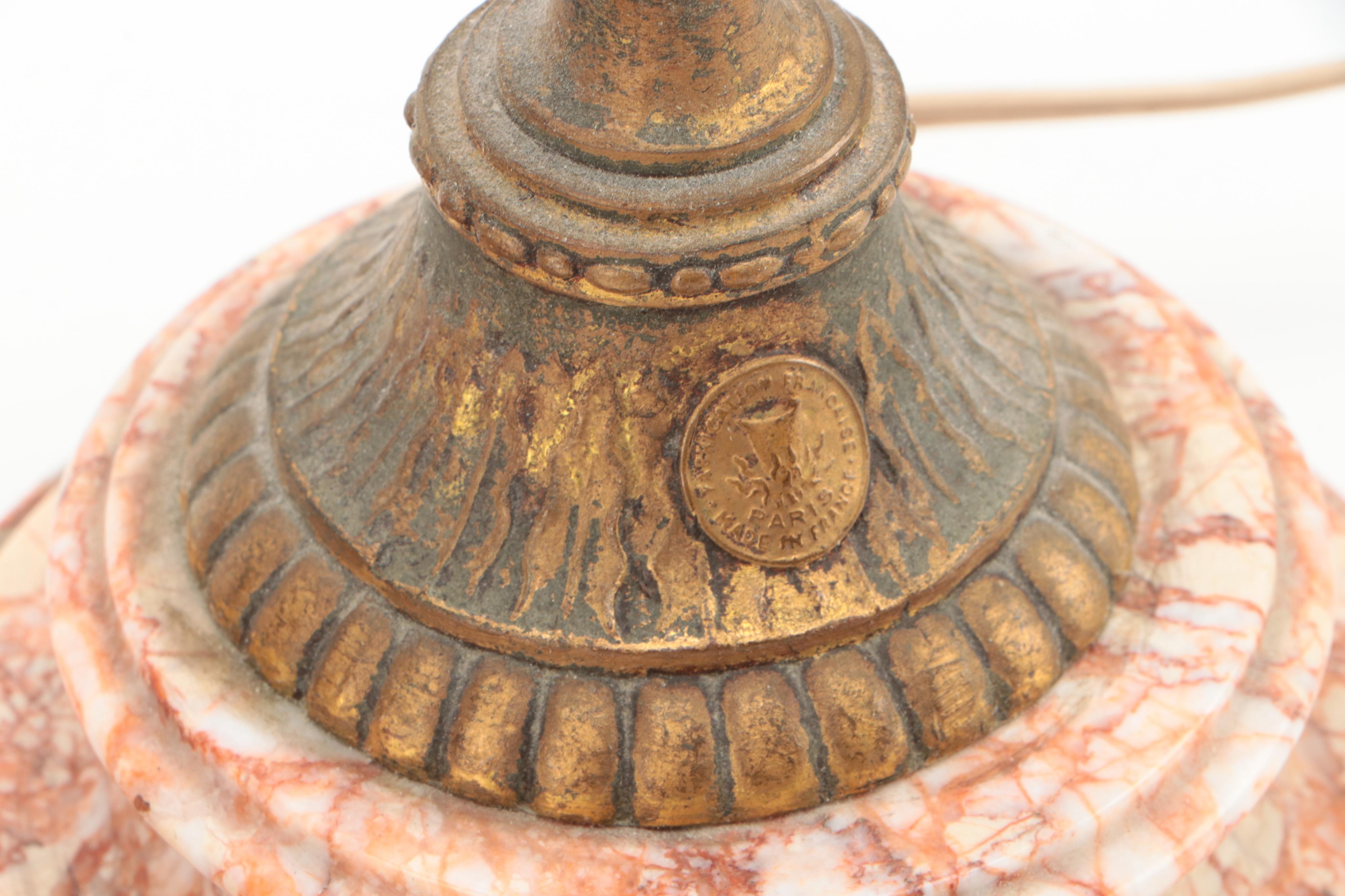 French Empire Style Pink Marble and Gilt Metal Column Table Lamps