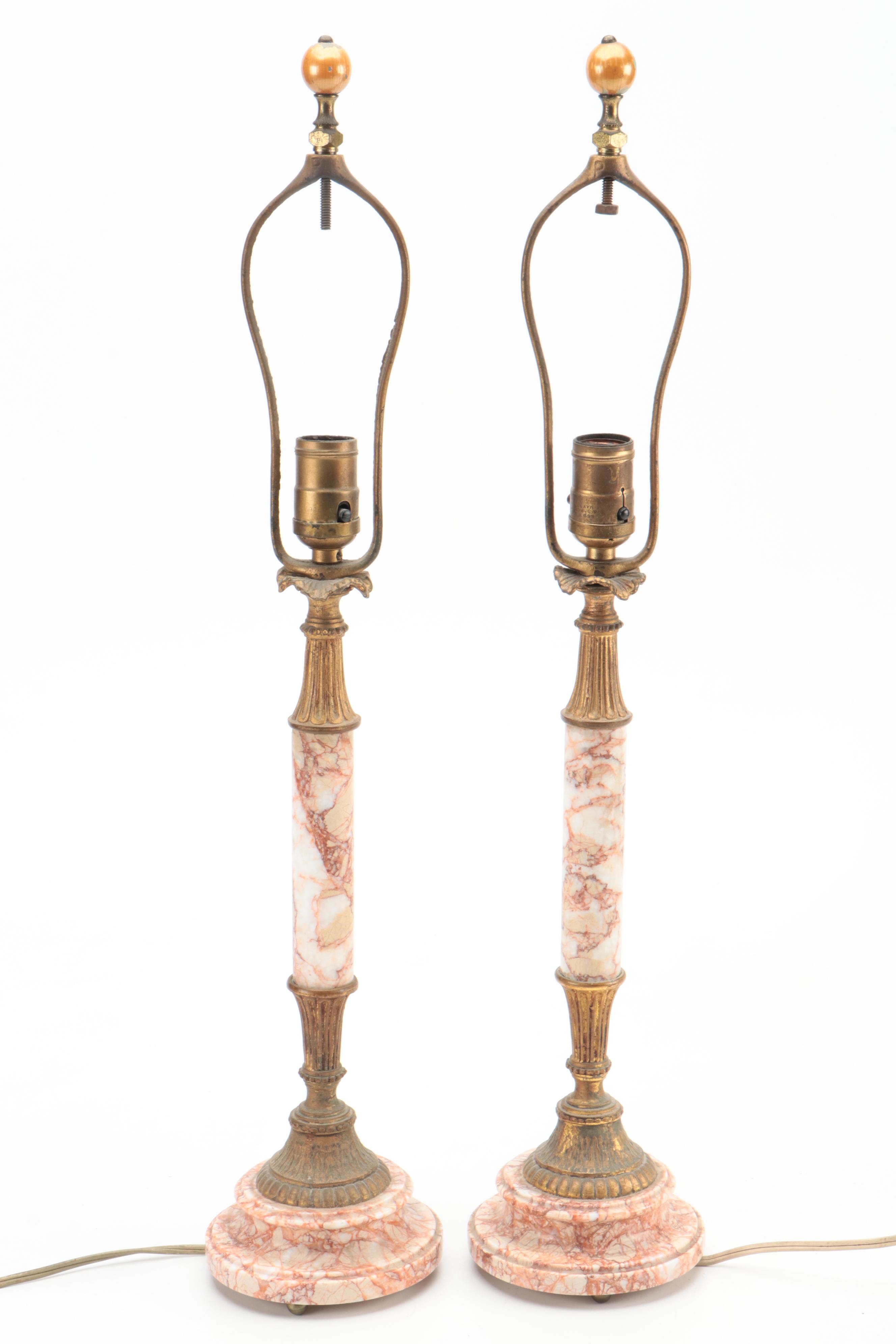 French Empire Style Pink Marble and Gilt Metal Column Table Lamps