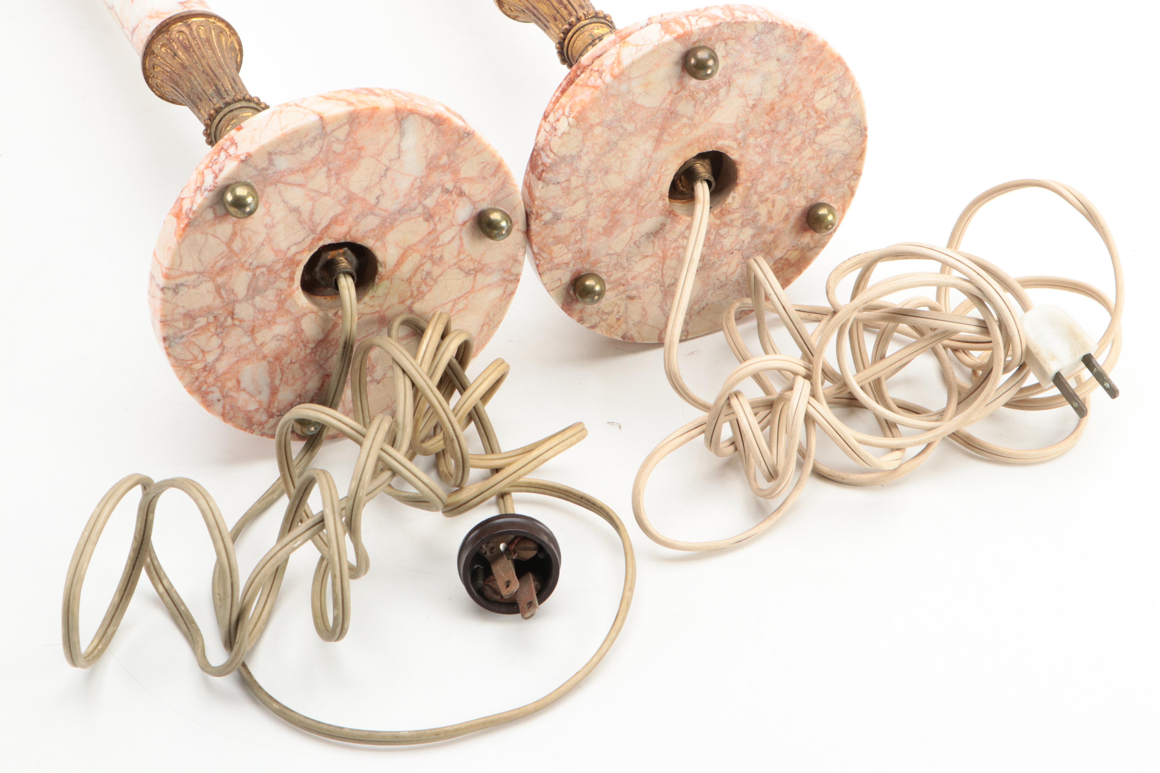 French Empire Style Pink Marble and Gilt Metal Column Table Lamps