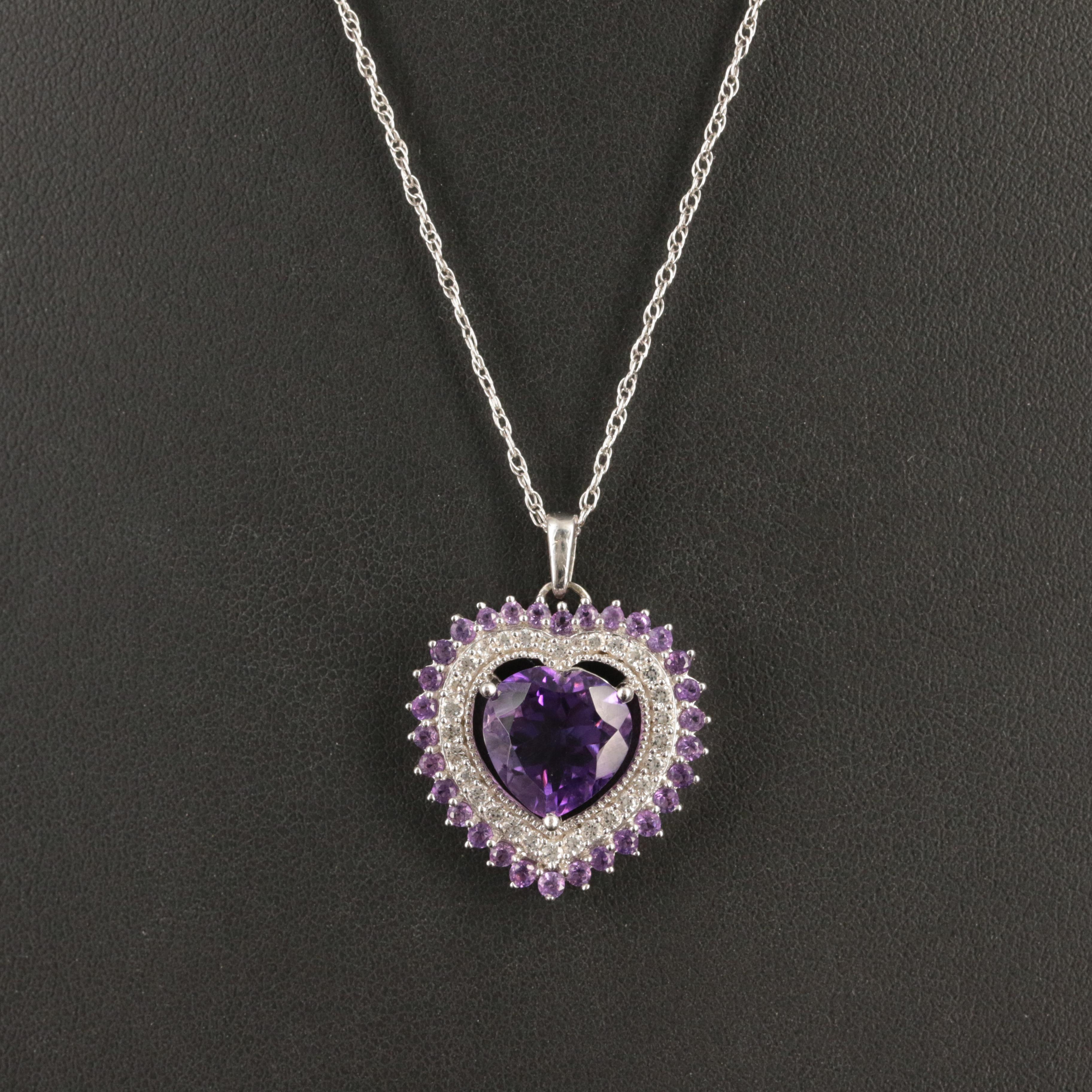Sterling Amethyst and White Sapphire Heart Pendant Necklace