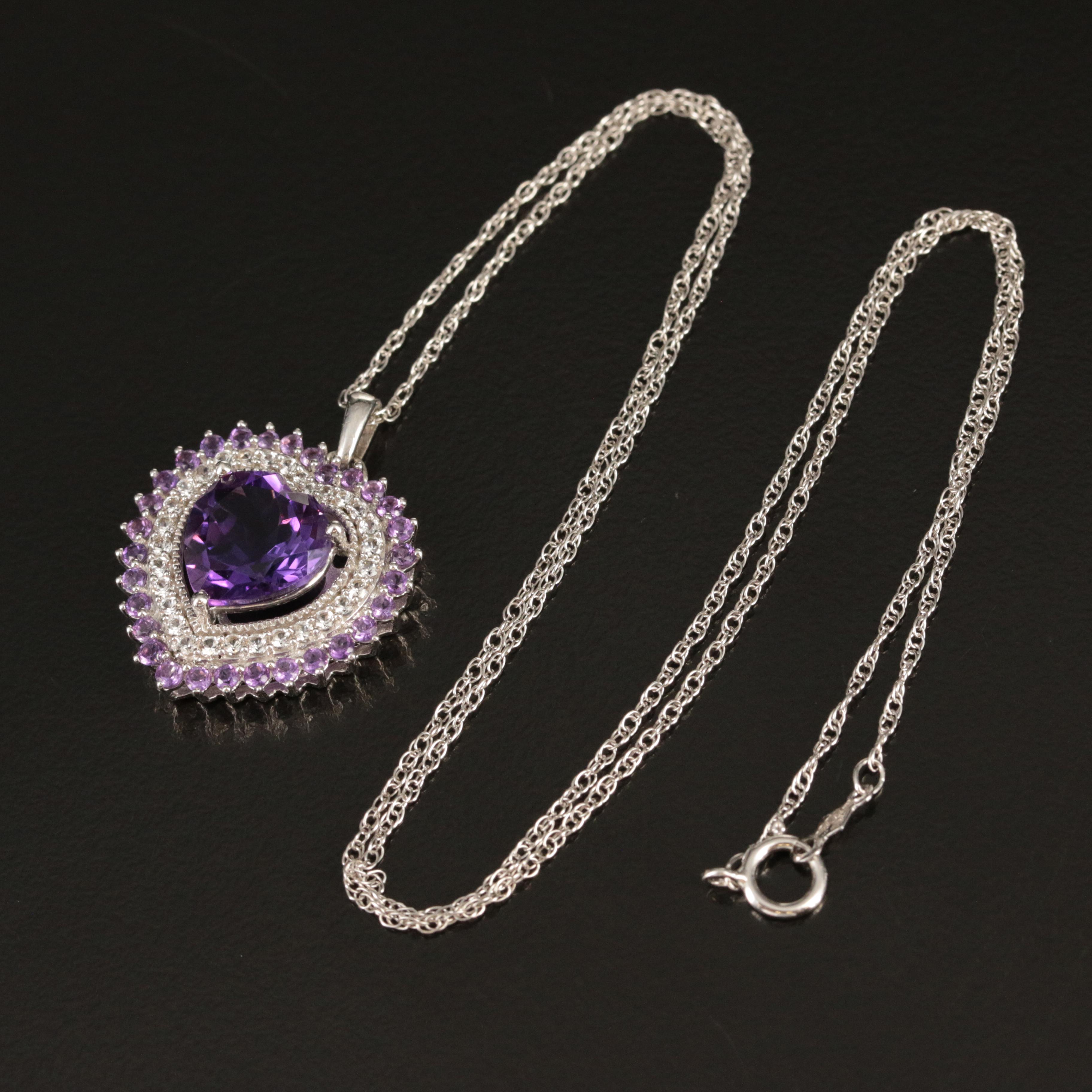 Sterling Amethyst and White Sapphire Heart Pendant Necklace