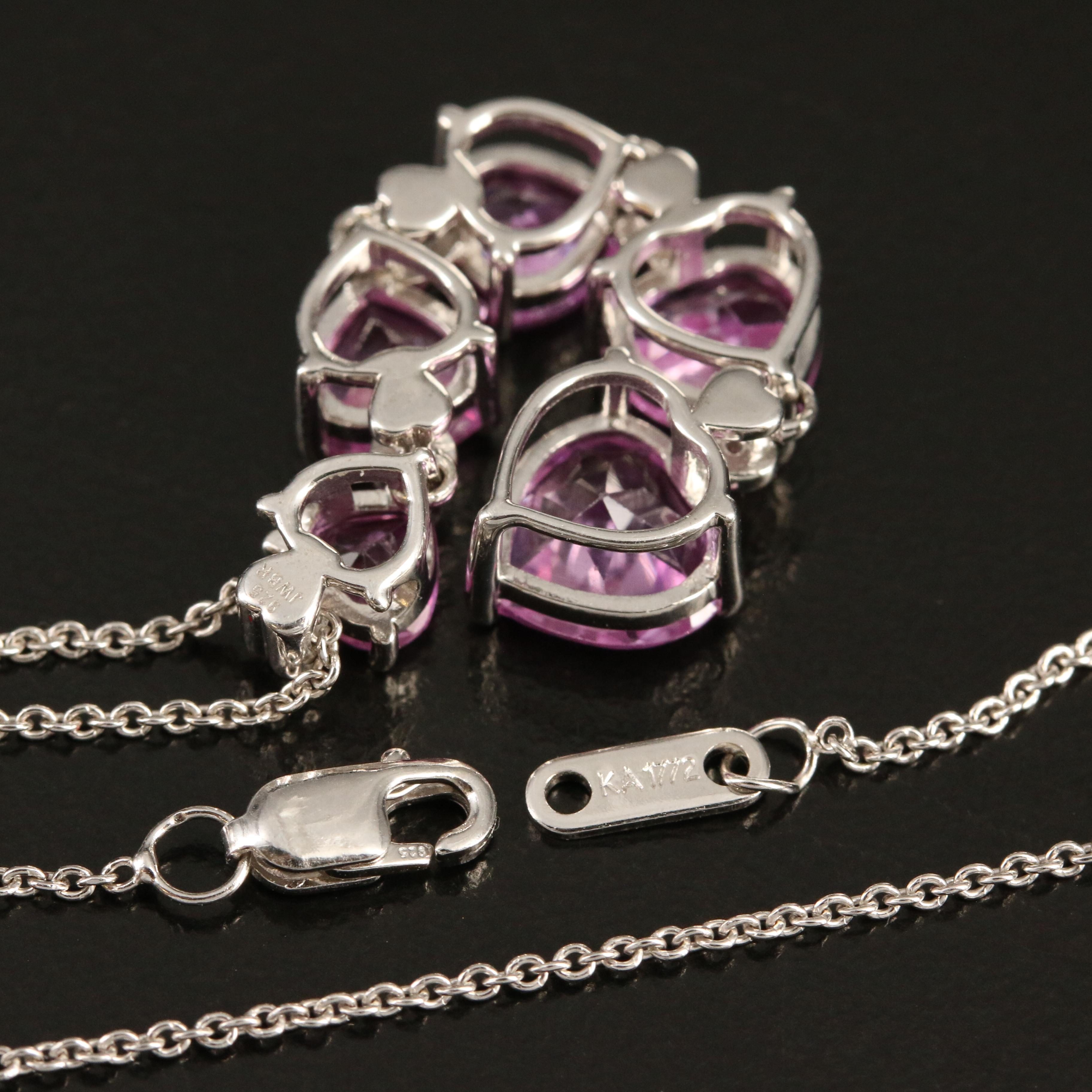 Sterling Sapphire and White Sapphire Graduated Heart Necklace