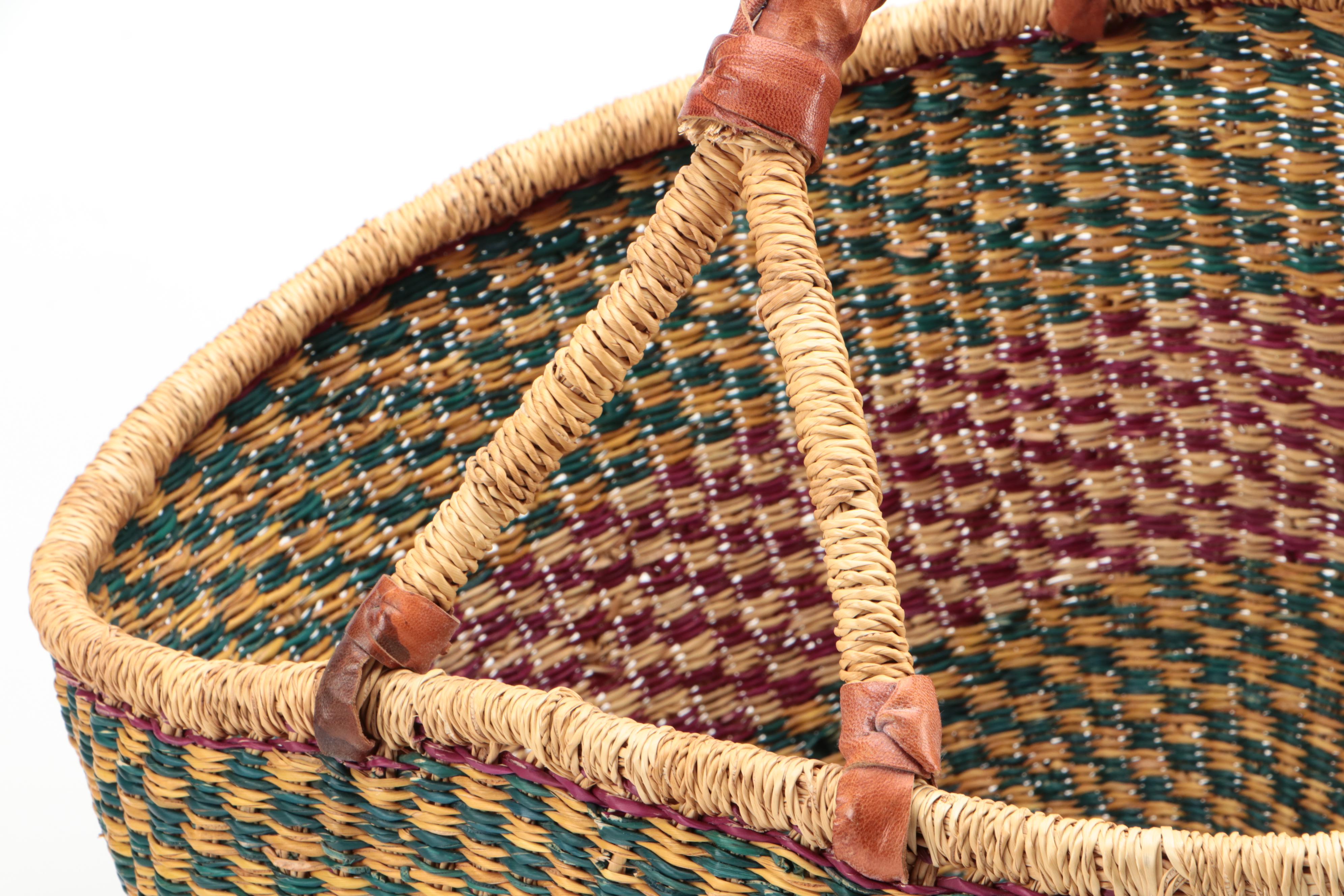 African Ghanaian Dyed Grass Leather Wrapped Handle Bolga Basket