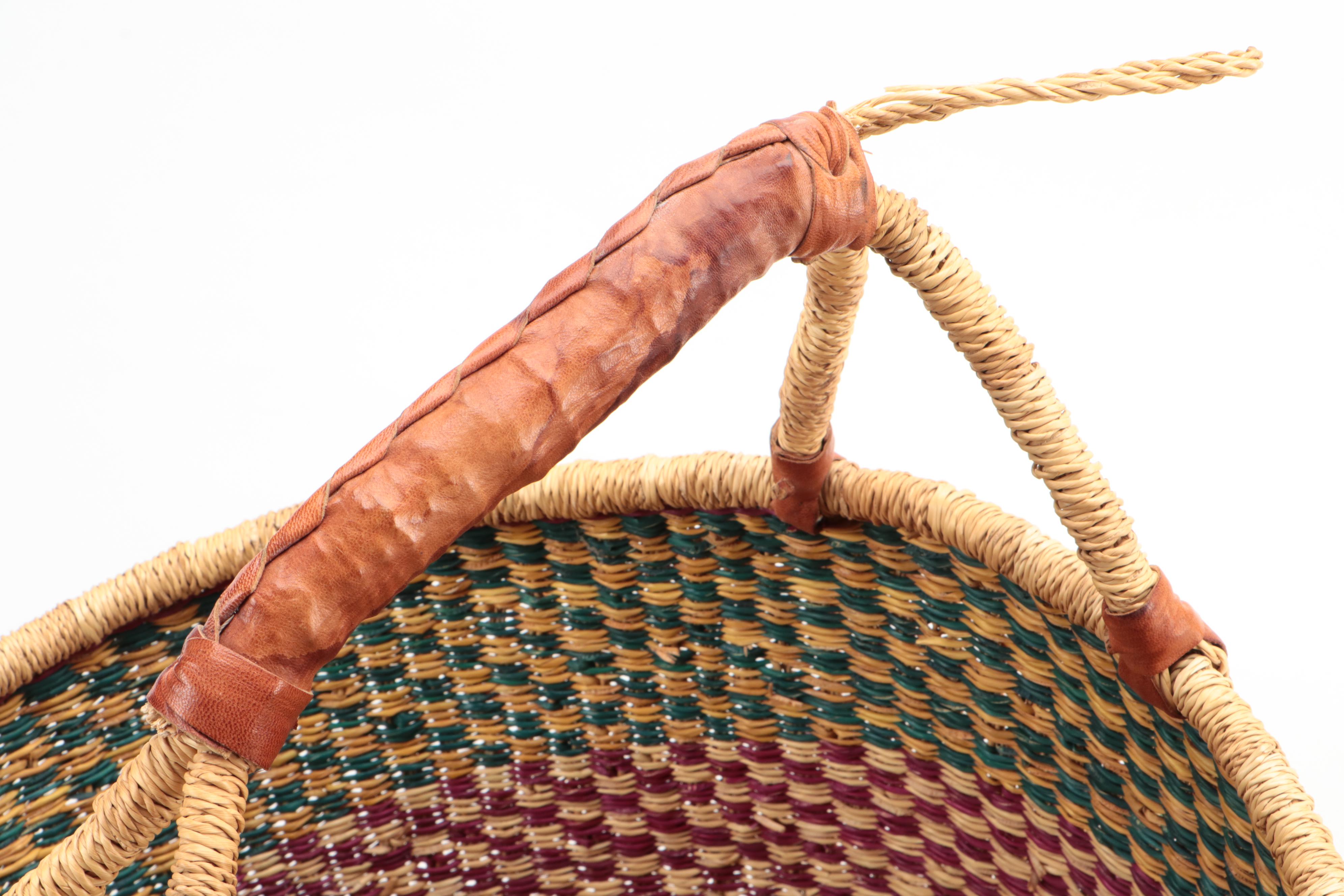 African Ghanaian Dyed Grass Leather Wrapped Handle Bolga Basket