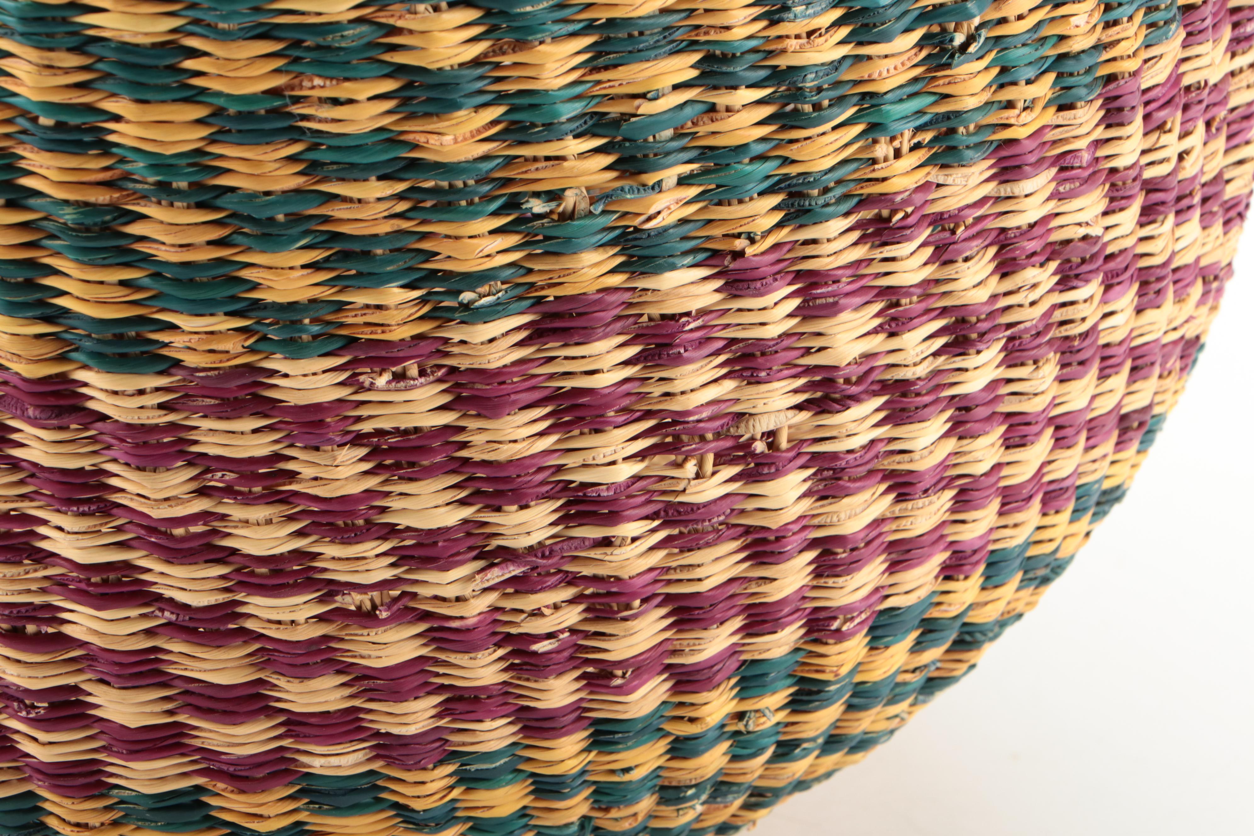 African Ghanaian Dyed Grass Leather Wrapped Handle Bolga Basket