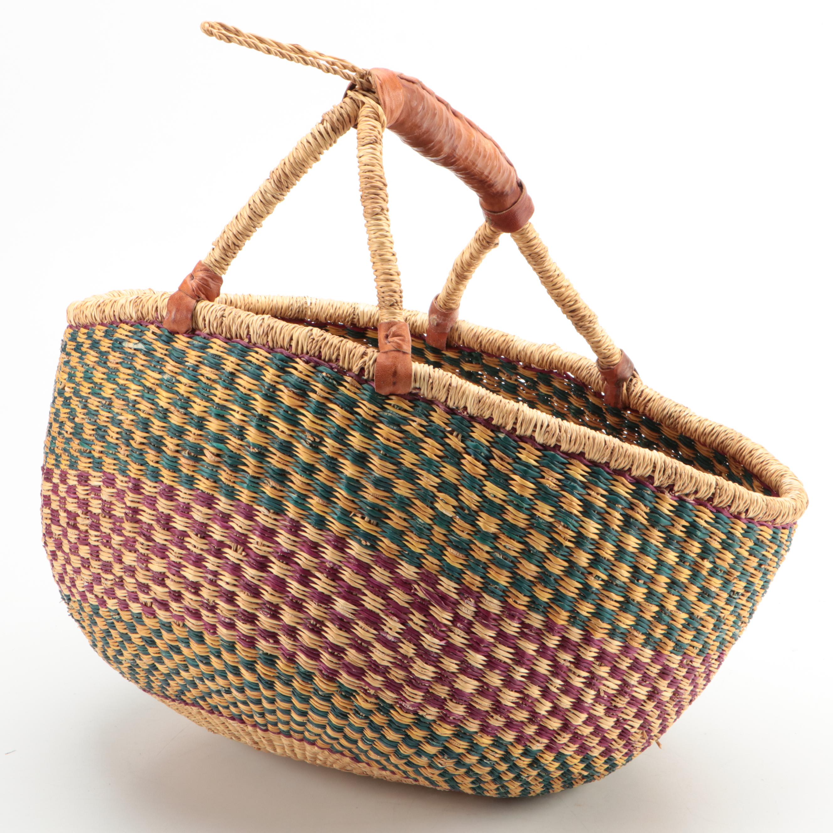 African Ghanaian Dyed Grass Leather Wrapped Handle Bolga Basket