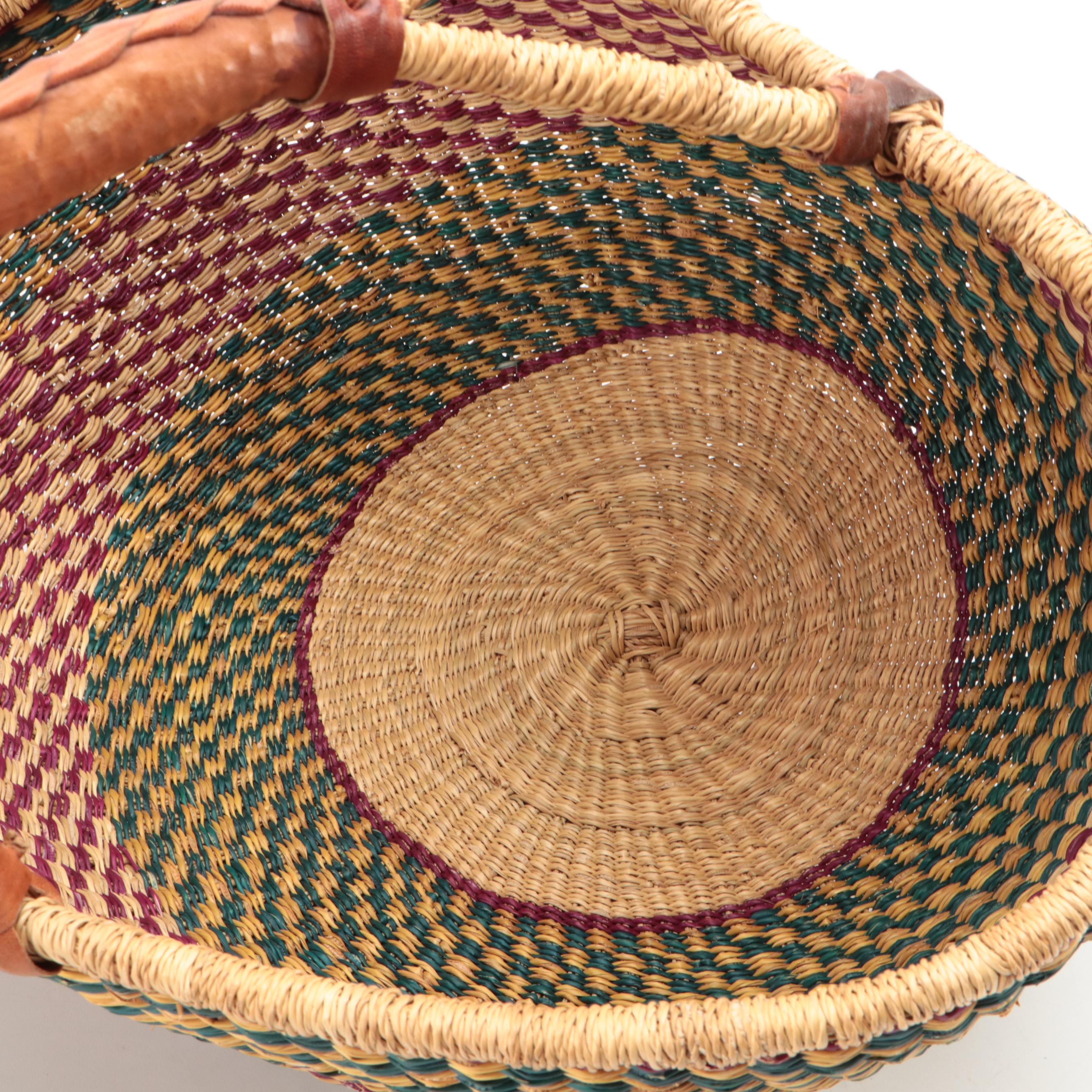 African Ghanaian Dyed Grass Leather Wrapped Handle Bolga Basket