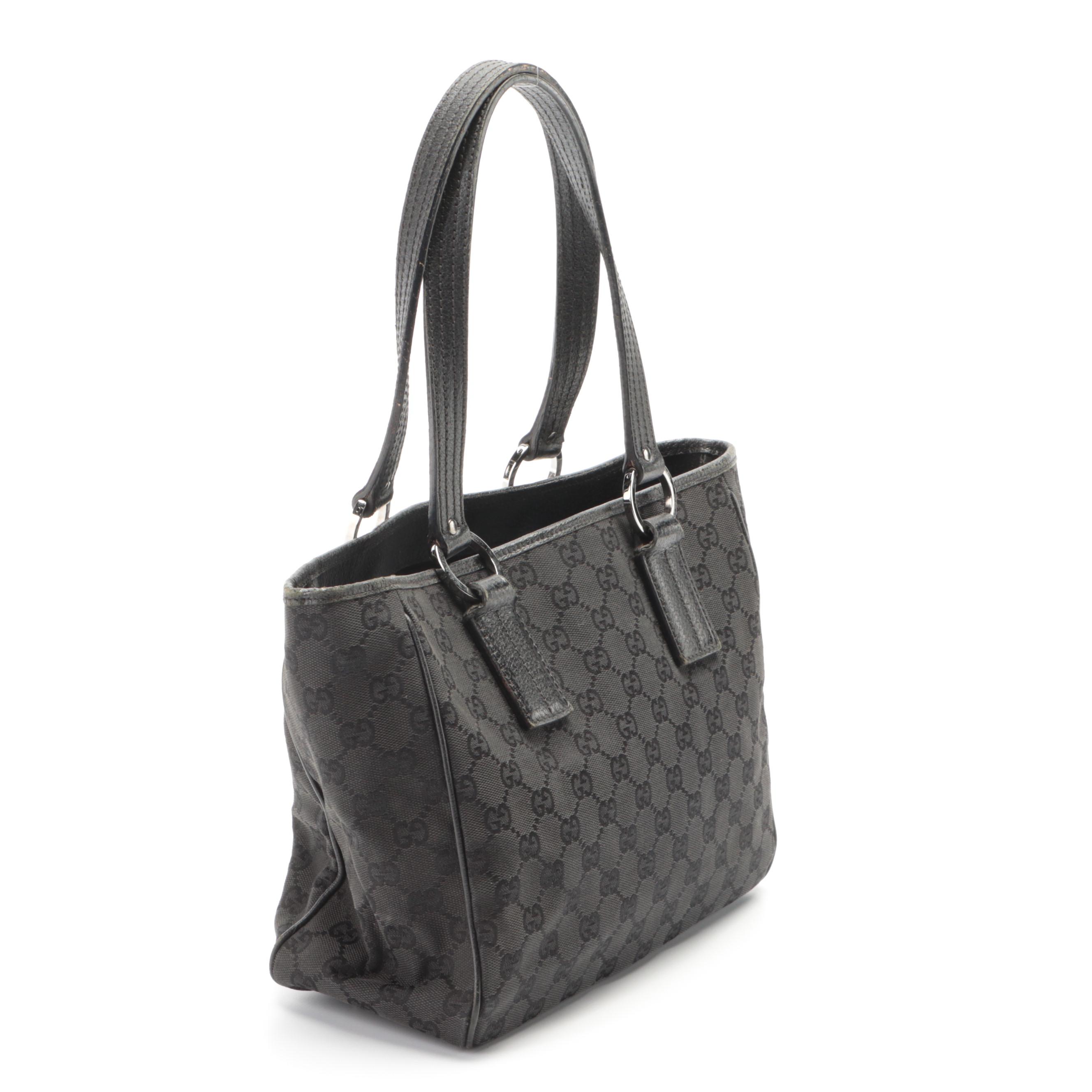Gucci O-Ring Tote in Black GG Canvas with Leather Trim