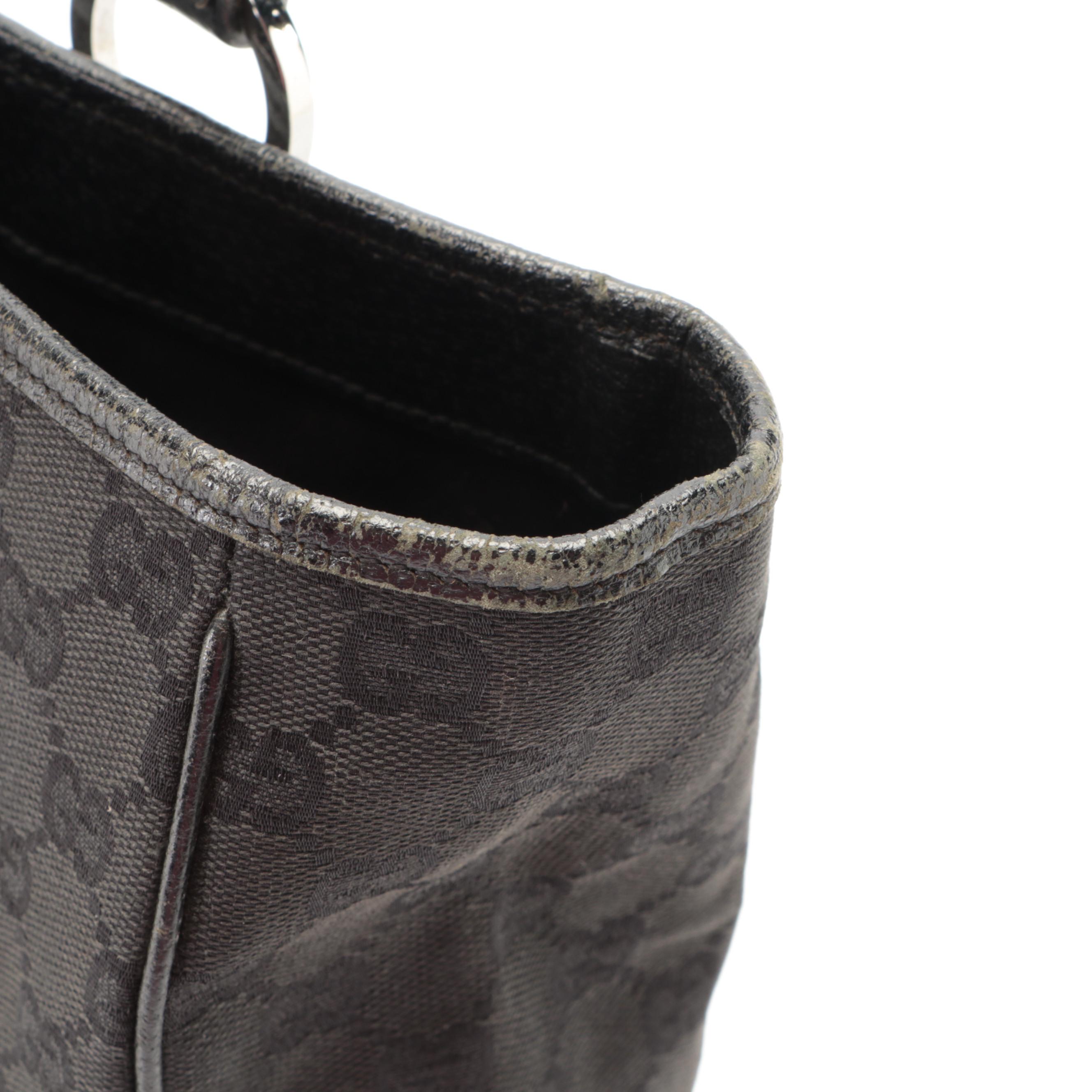 Gucci O-Ring Tote in Black GG Canvas with Leather Trim