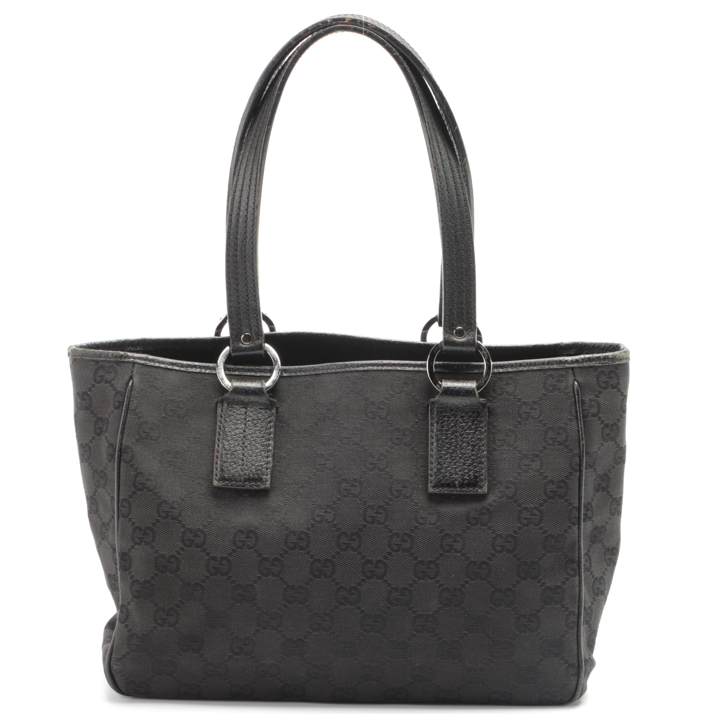 Gucci O-Ring Tote in Black GG Canvas with Leather Trim