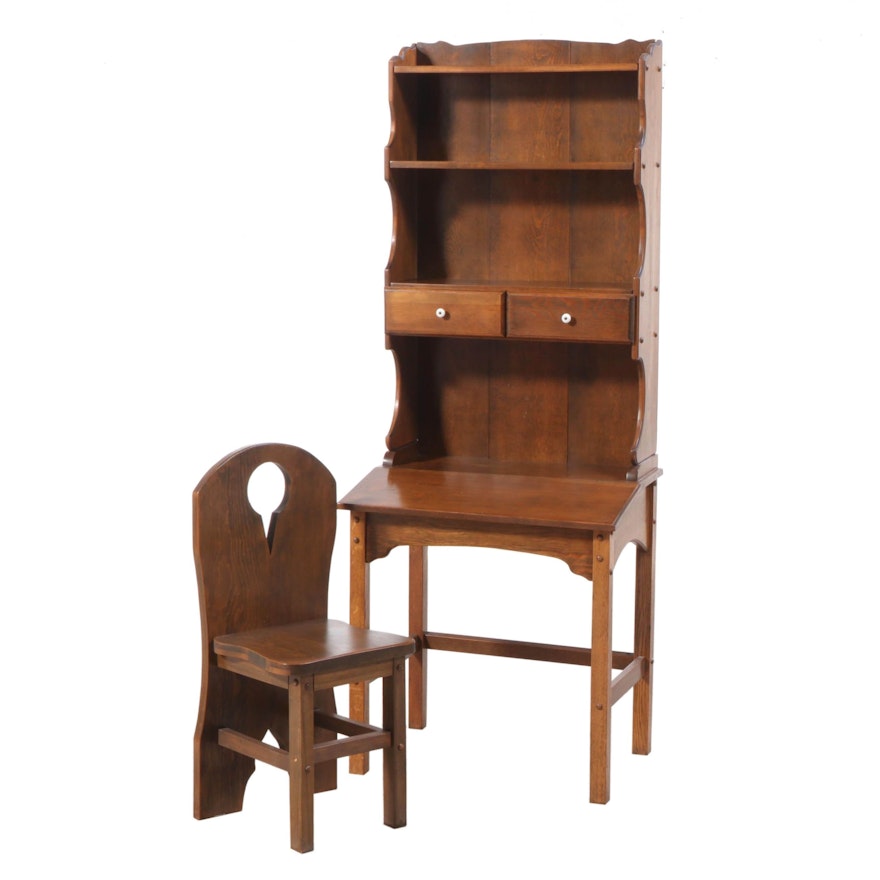 Claude Lemons Jr. Colonial Style Pine and Oak Secretary Bookcase with Side Chair