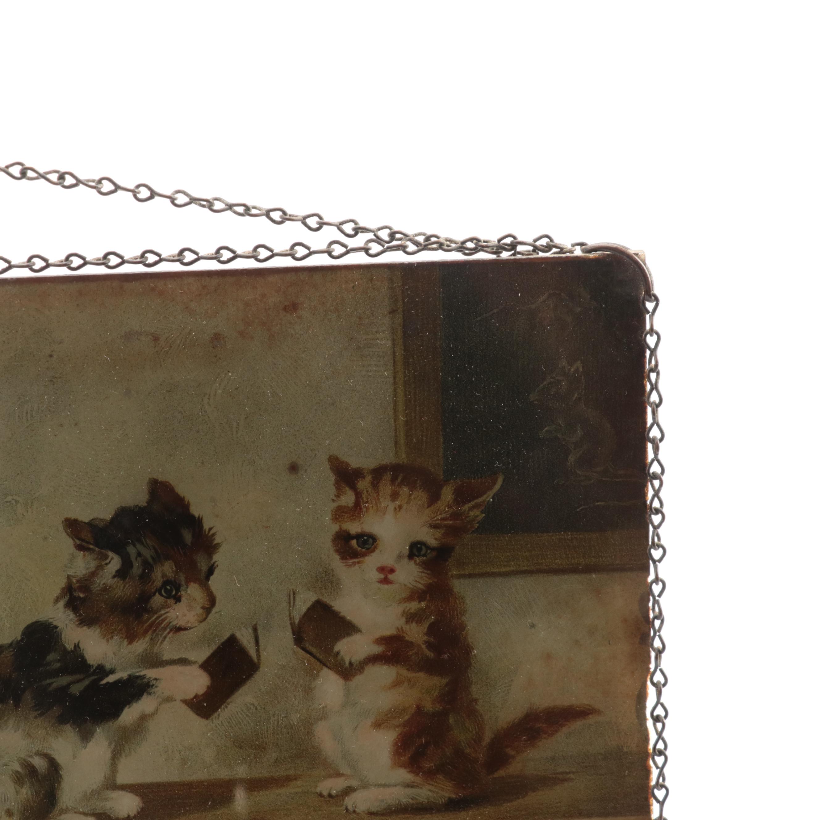 Cat Themed Chromolithograph Mounted to Glass, Late 19th/Early 20th Century