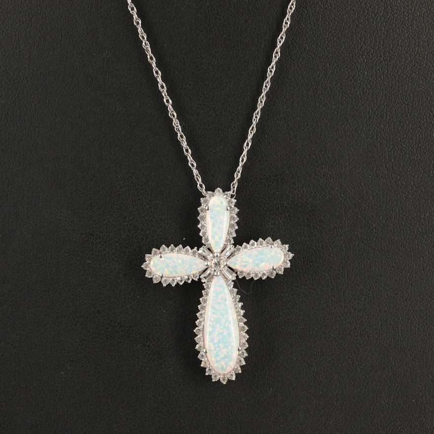 Sterling Opal and White Sapphire Cross Necklace