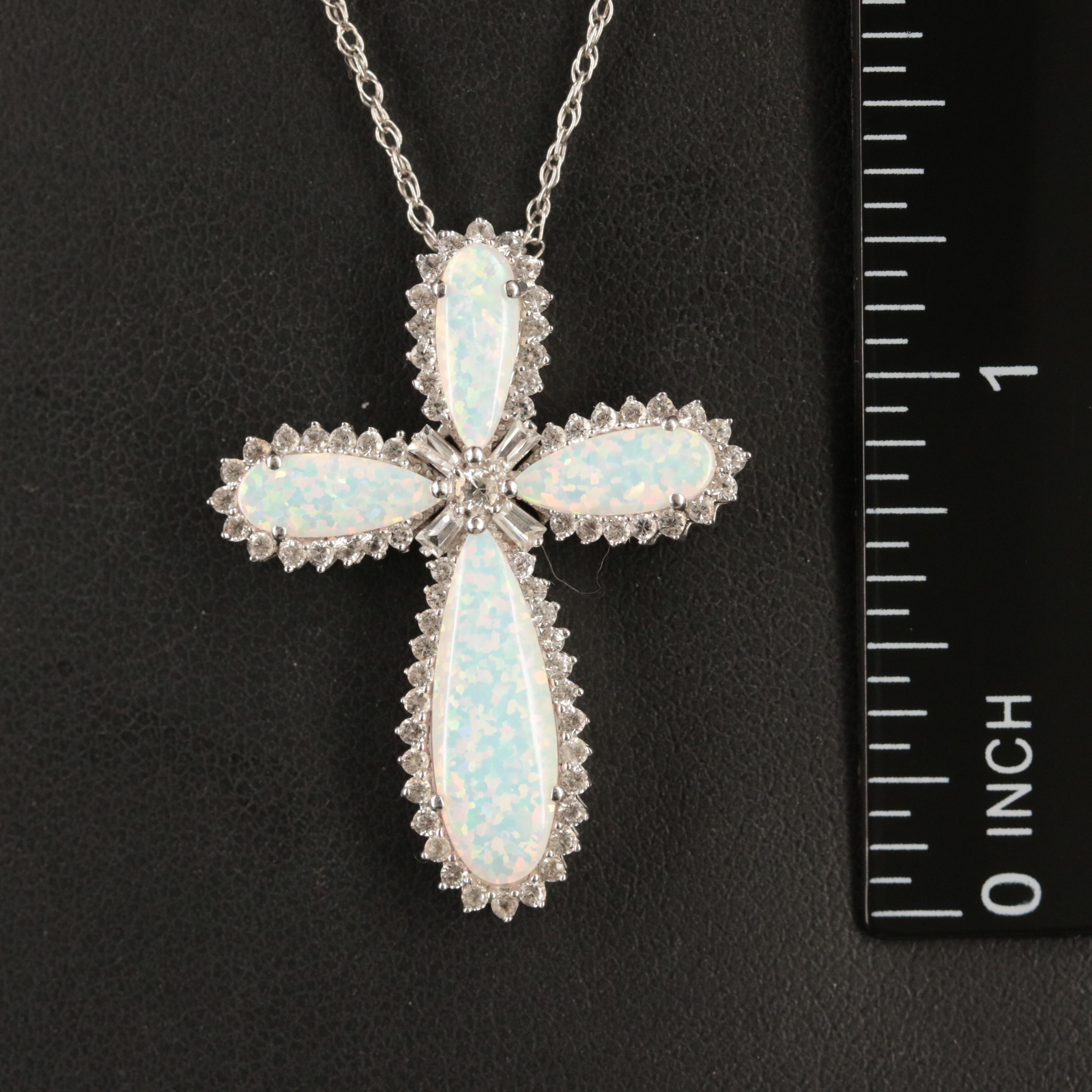 Sterling Opal and White Sapphire Cross Necklace