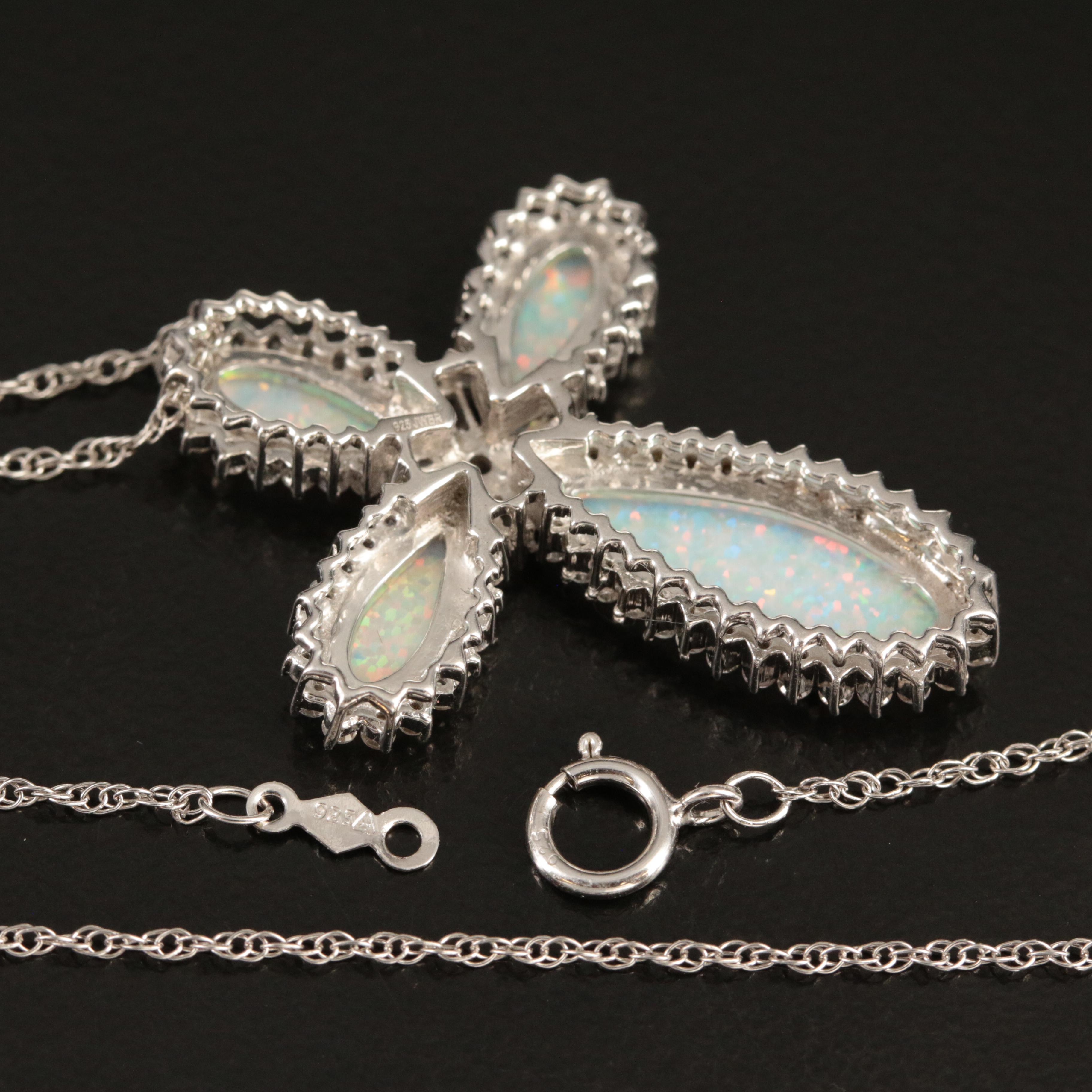 Sterling Opal and White Sapphire Cross Necklace