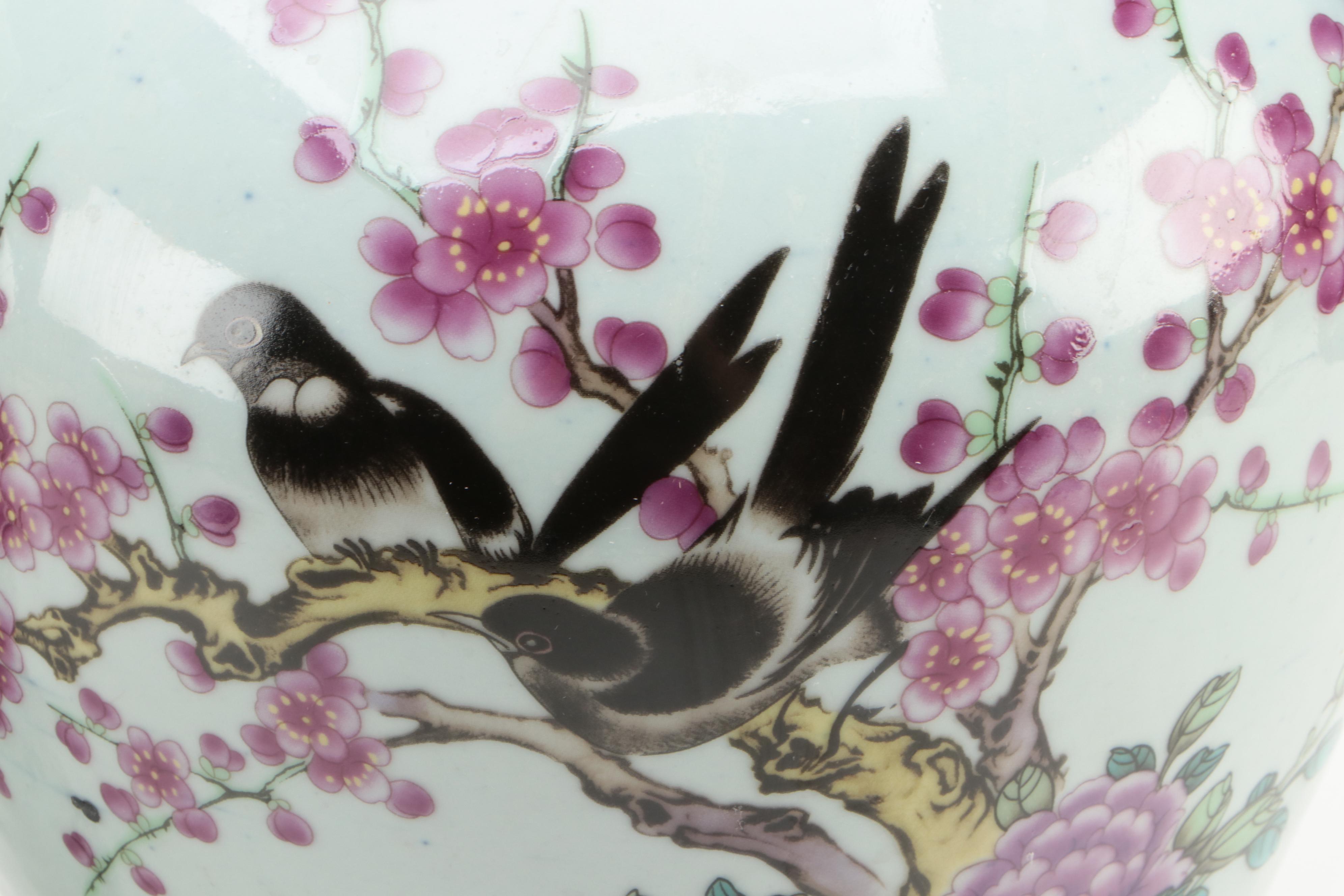 Chinese Hànzì and Garden Motif Transfer Decorated Porcelain Meiping Vases