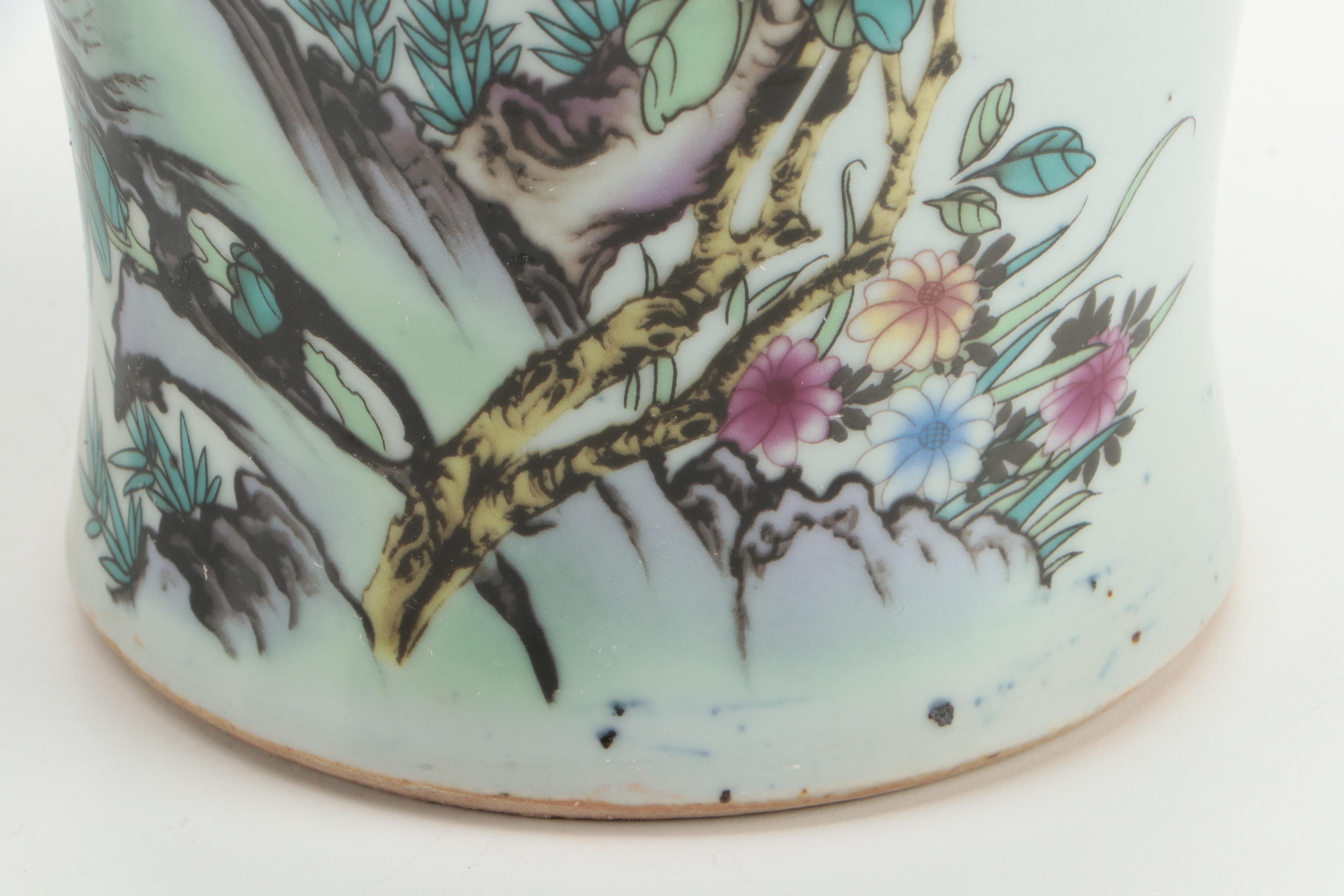 Chinese Hànzì and Garden Motif Transfer Decorated Porcelain Meiping Vases