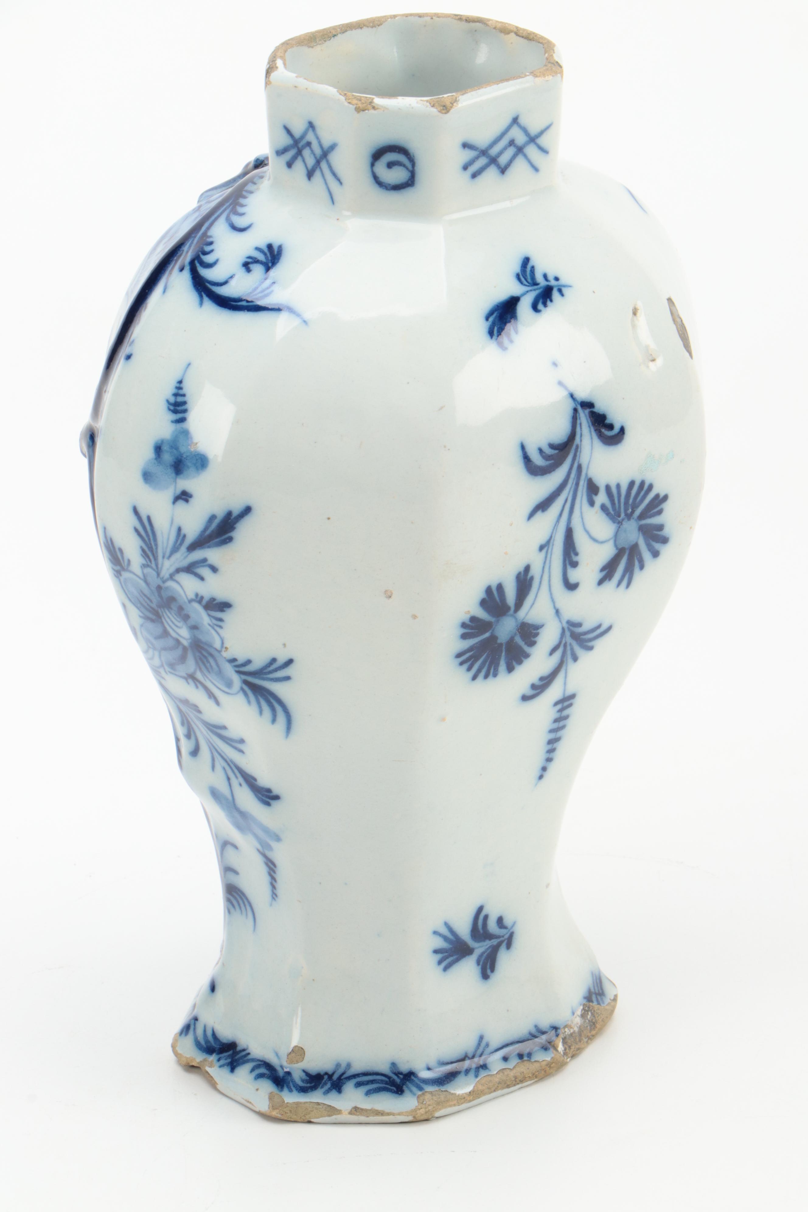 Delft Blue and White Glazed Earthenware Vase, 19th Century