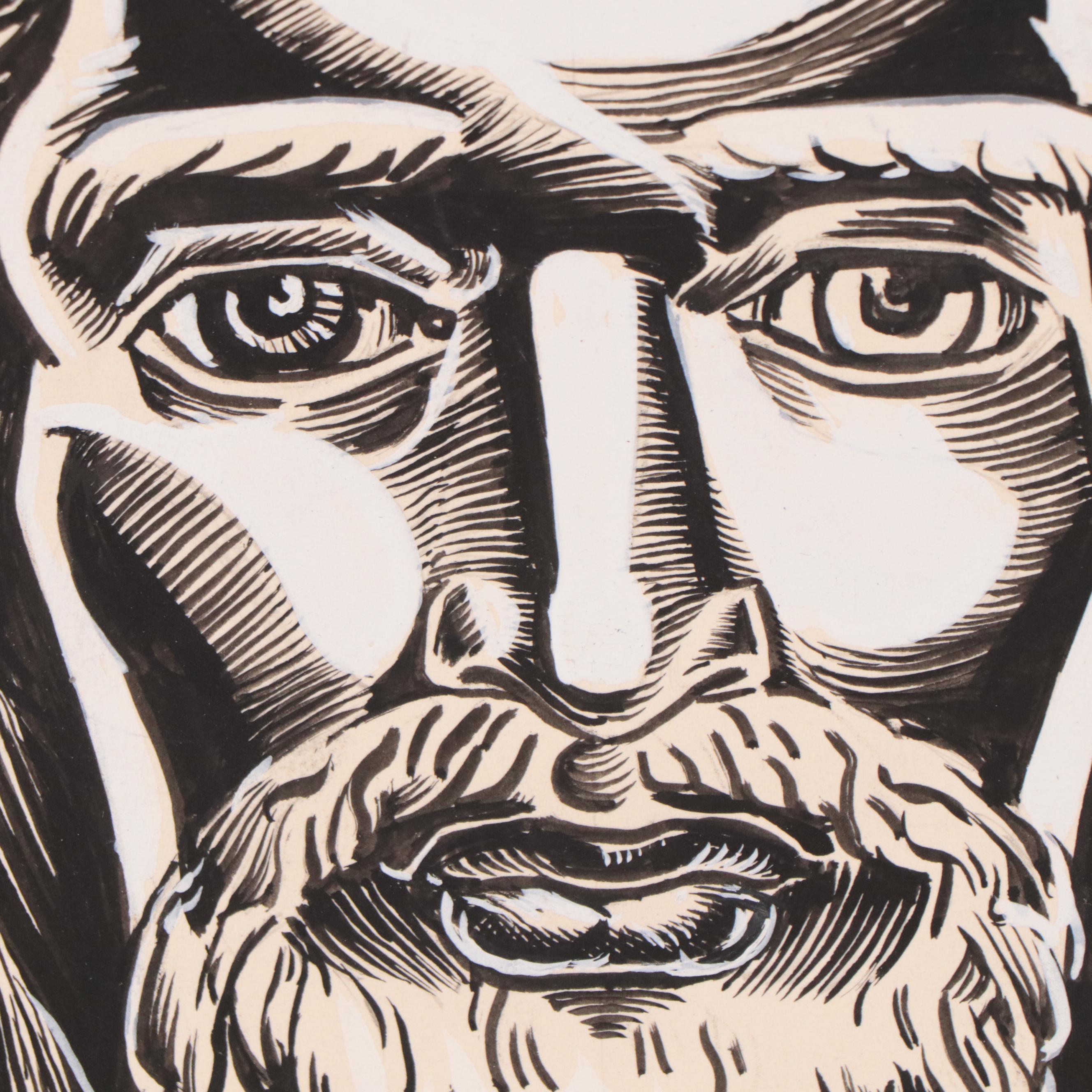 Dan Burne Jones Pen and Ink Bookplate Drawing of Christ, 1953