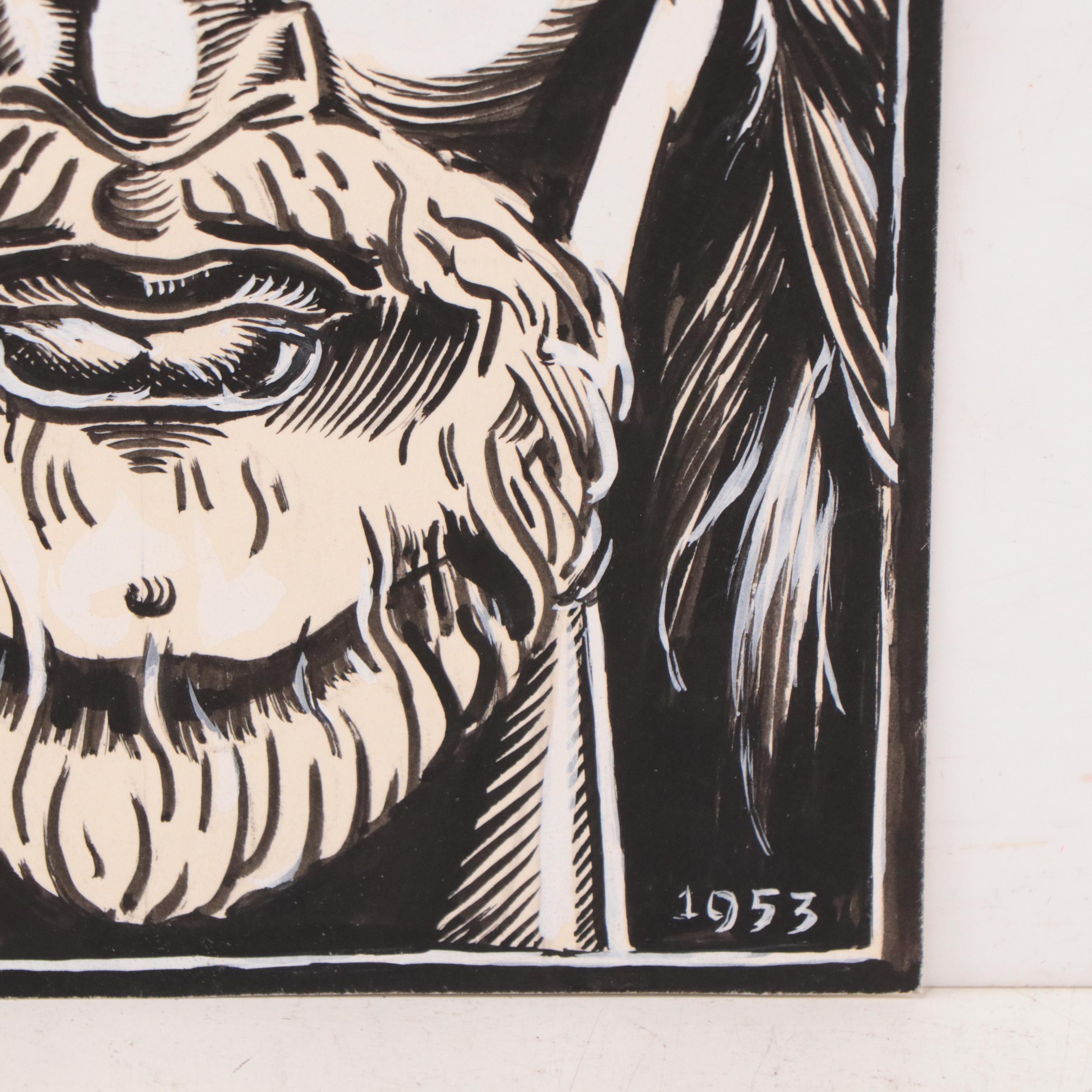 Dan Burne Jones Pen and Ink Bookplate Drawing of Christ, 1953