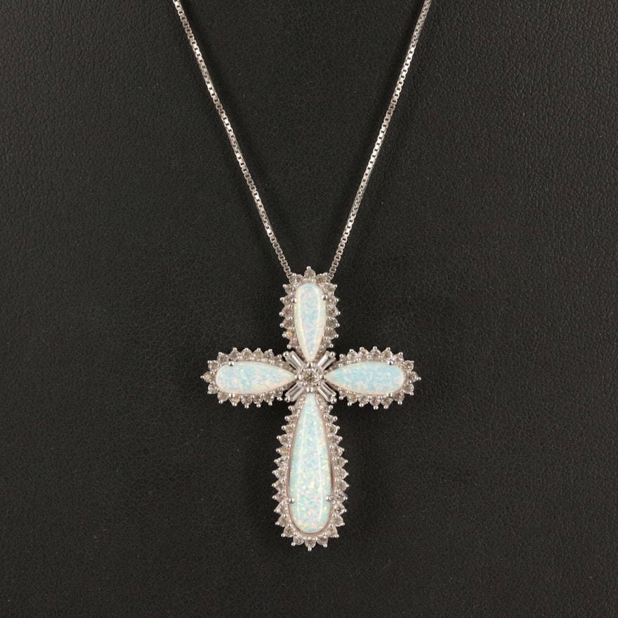 Sterling Opal and White Sapphire Cross Necklace