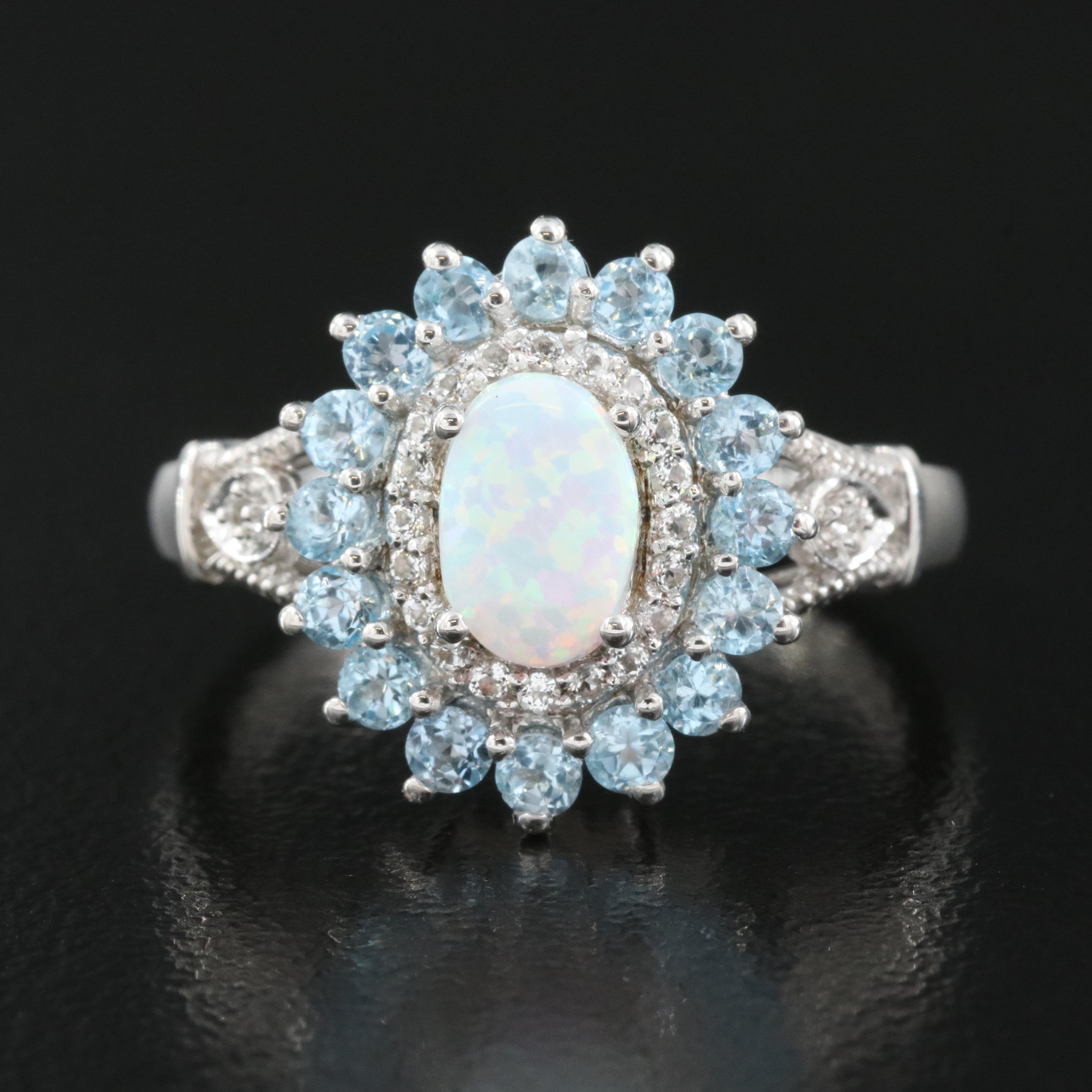 Sterling Opal, Topaz and Sapphire Ring