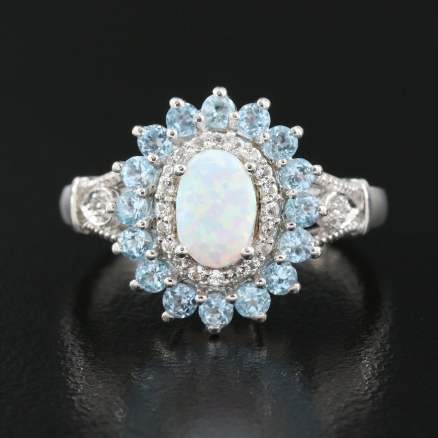 Sterling Opal, Topaz and Sapphire Ring