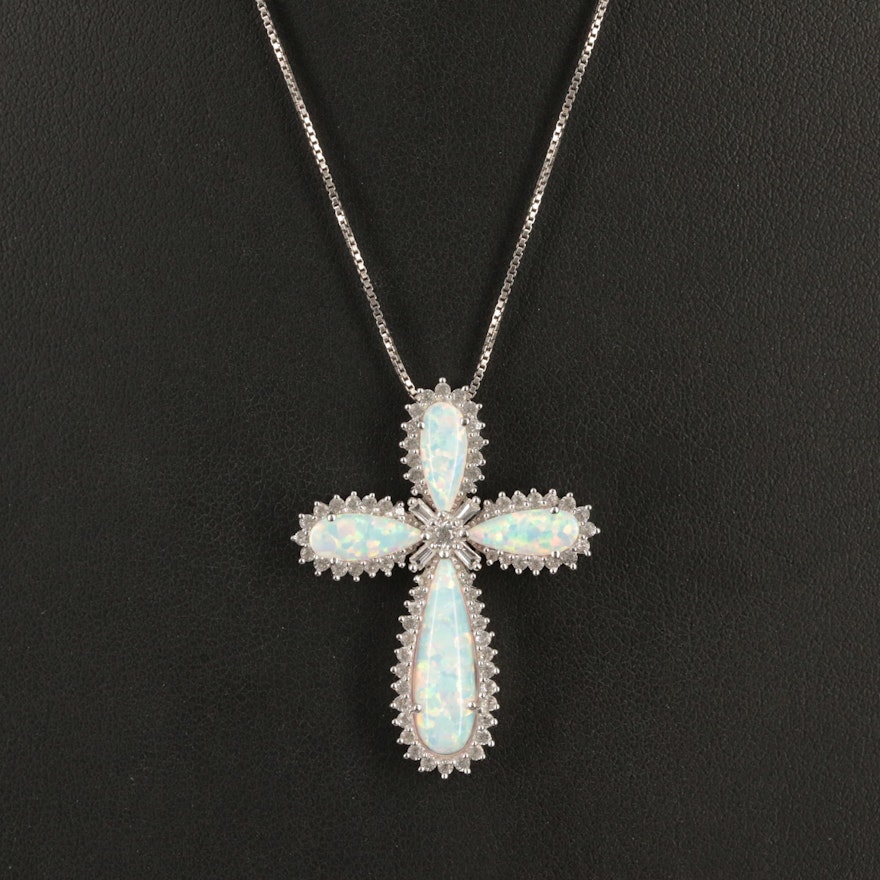 Sterling Opal and White Sapphire Cross Necklace