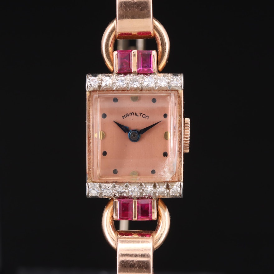 Vintage 14K Rose Gold Hamilton Diamond and Ruby Wristwatch