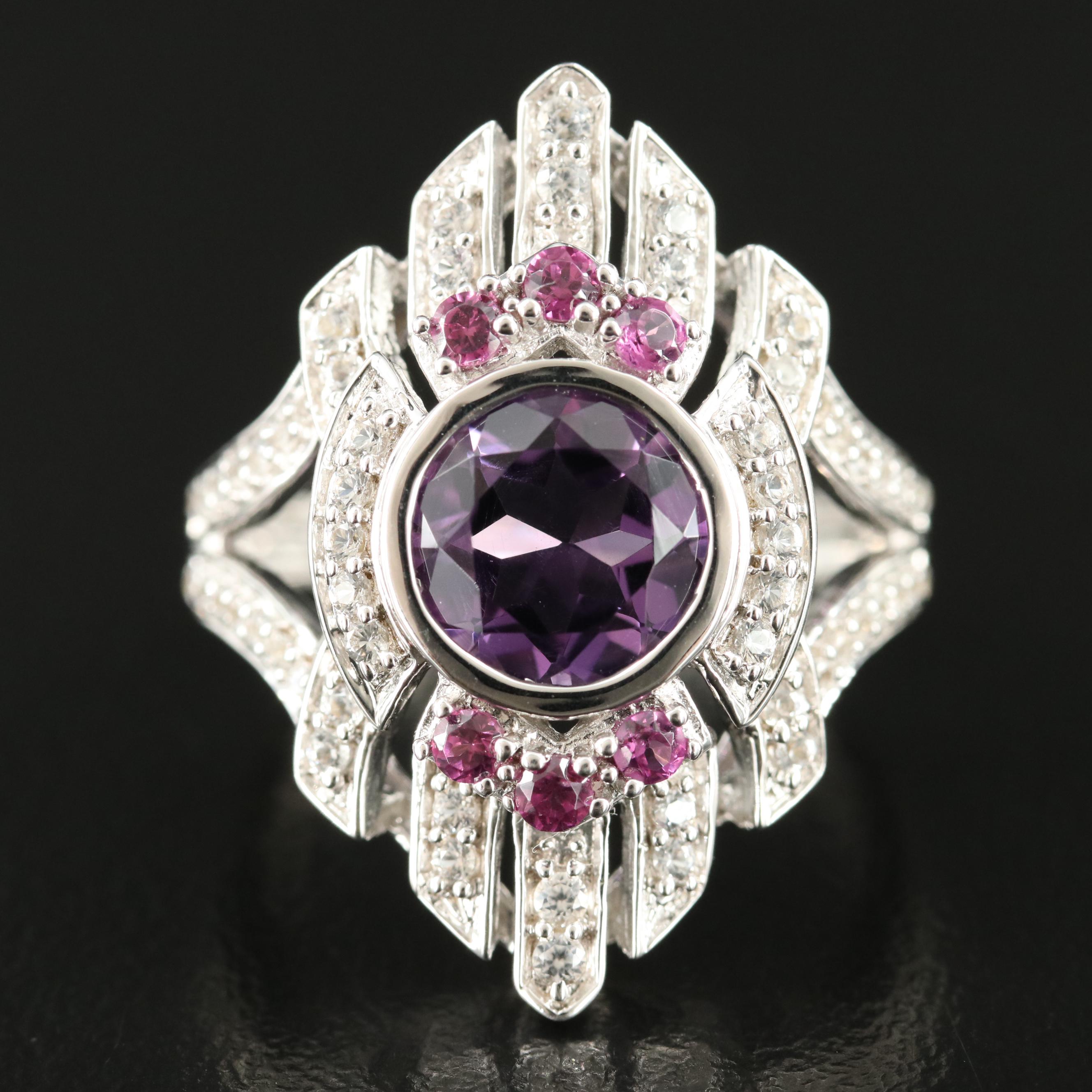 Sterling Amethyst, Rhodolite Garnet and Sapphire Ring