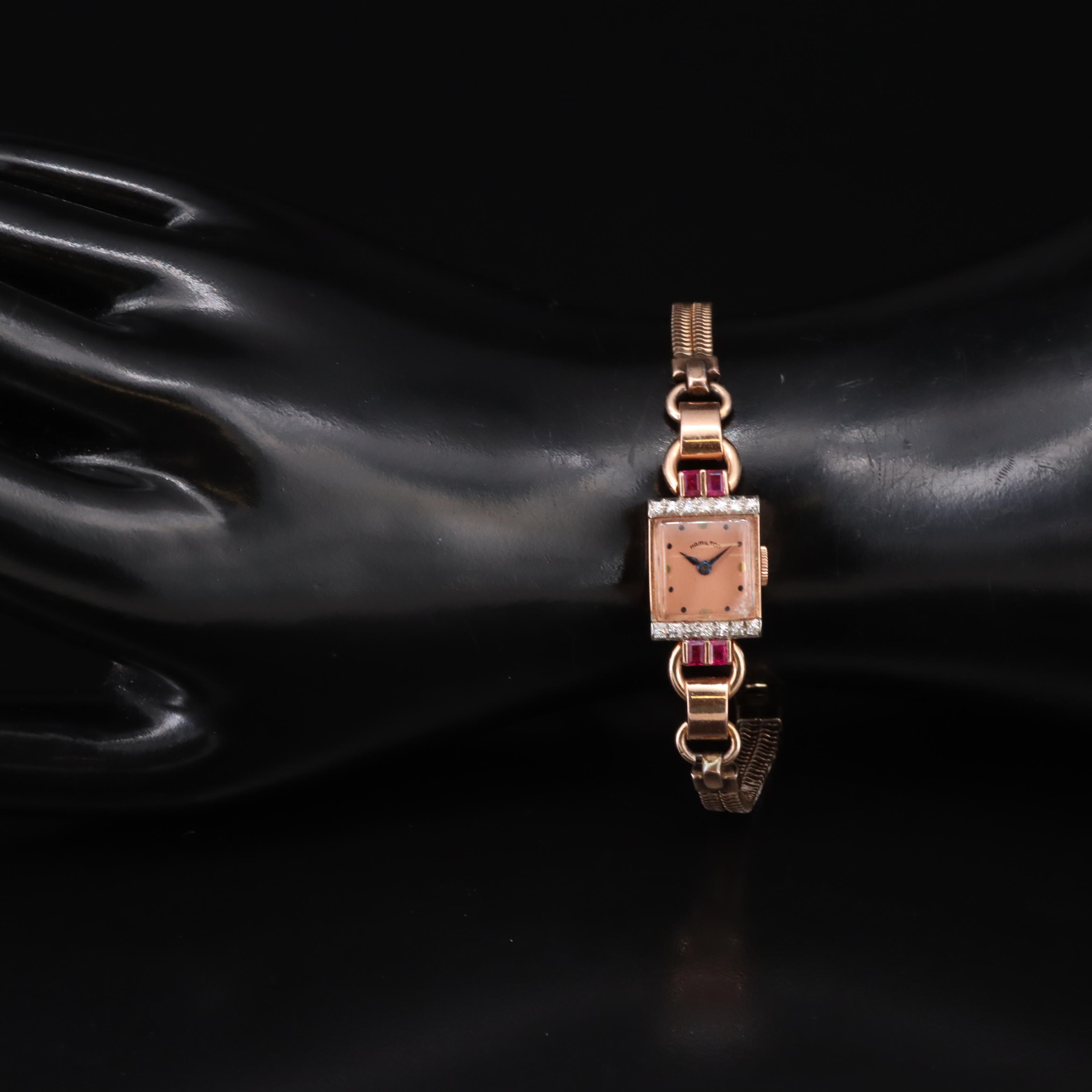 Vintage 14K Rose Gold Hamilton Diamond and Ruby Watch