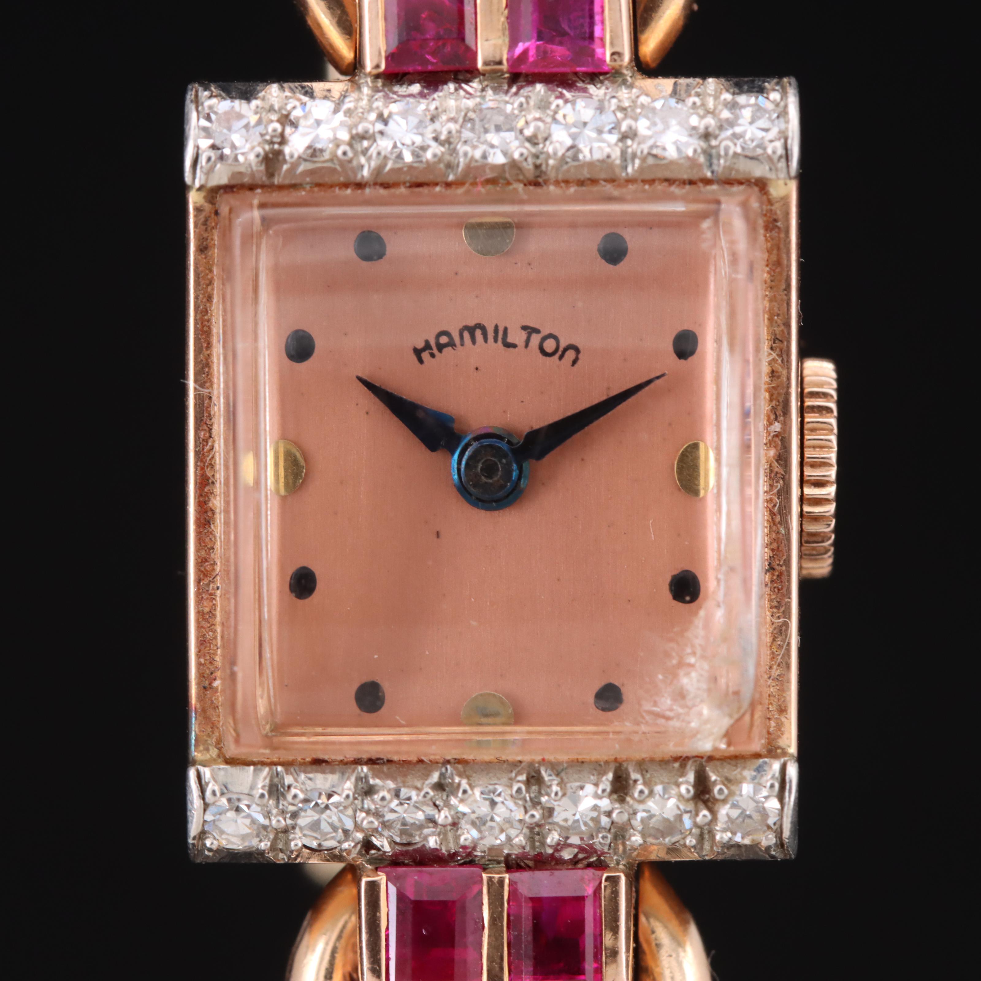 Vintage 14K Rose Gold Hamilton Diamond and Ruby Watch