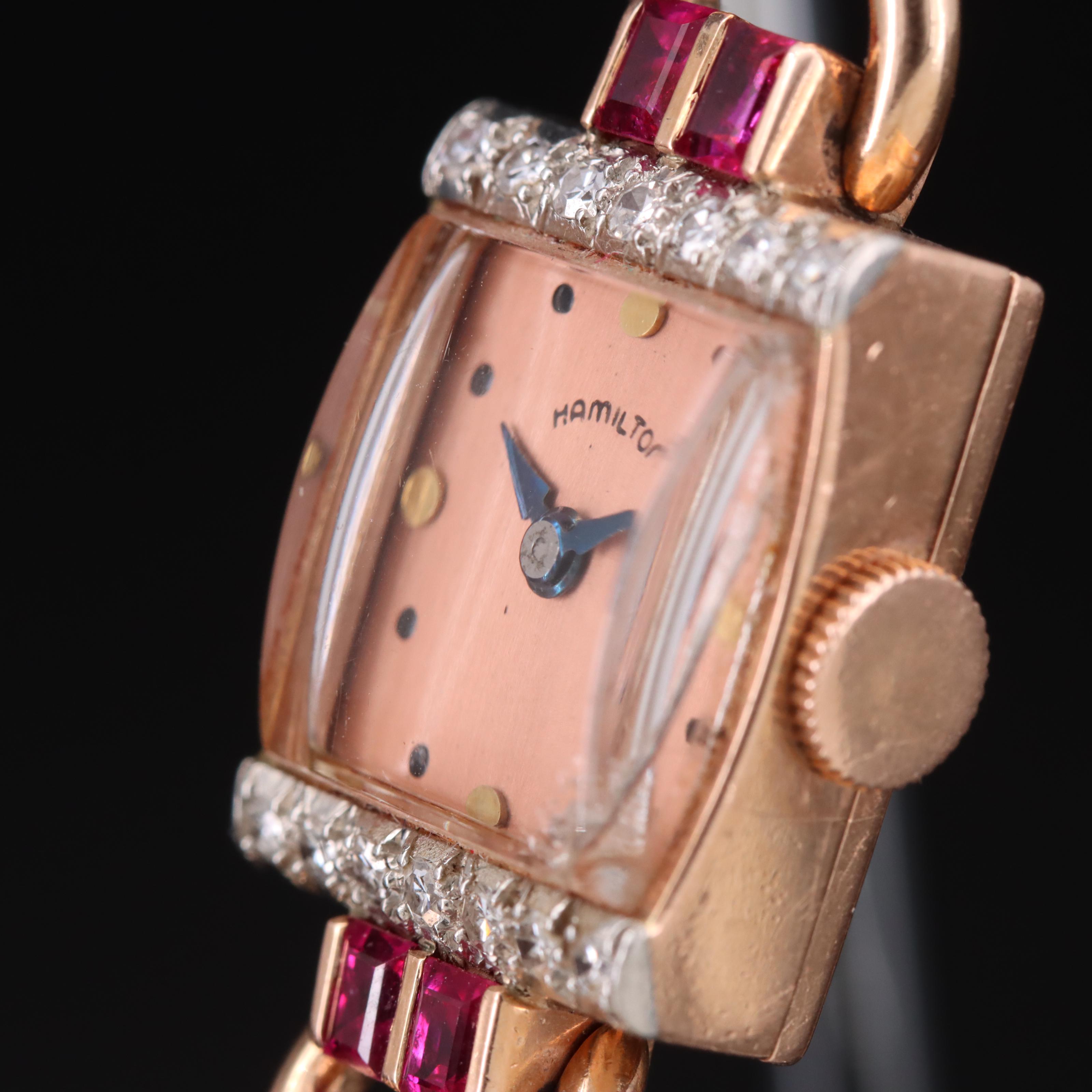 Vintage 14K Rose Gold Hamilton Diamond and Ruby Watch