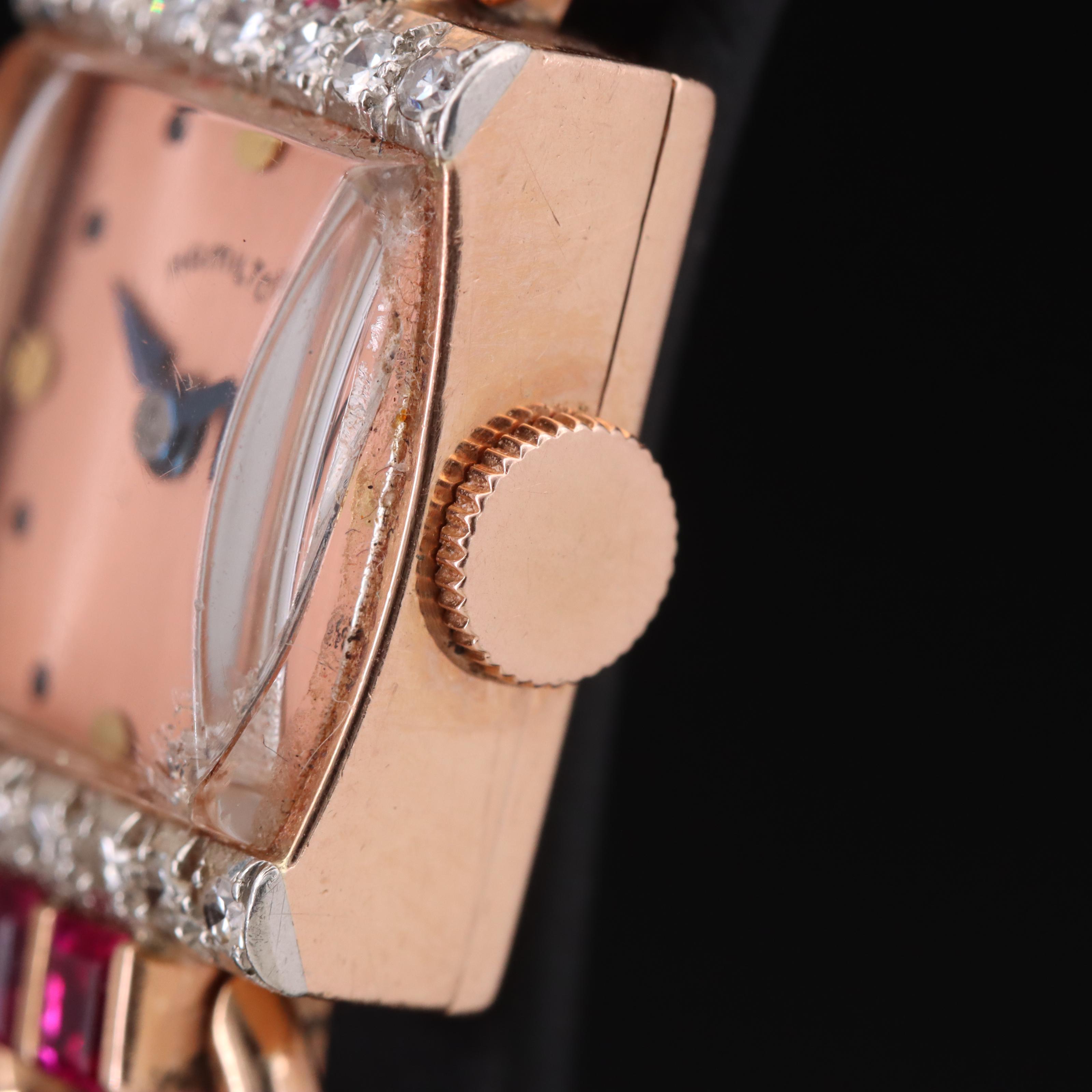 Vintage 14K Rose Gold Hamilton Diamond and Ruby Watch