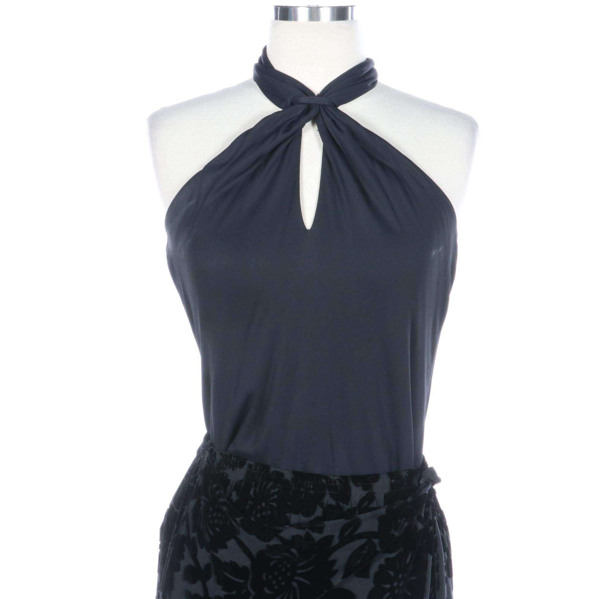 Gucci Halter Top with Harari Velvet Burnout Skirt and Jacket