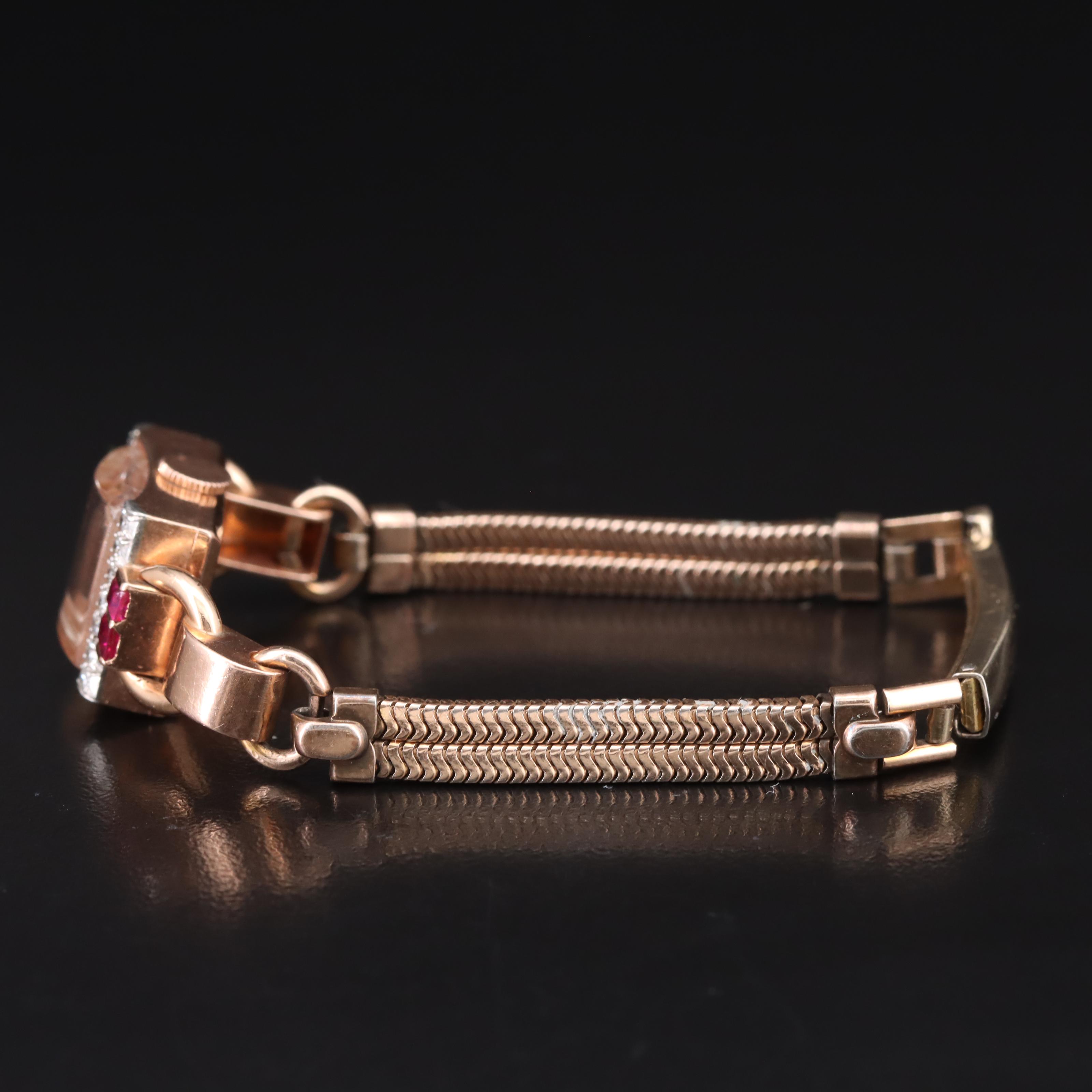 Vintage 14K Rose Gold Hamilton Diamond and Ruby Watch