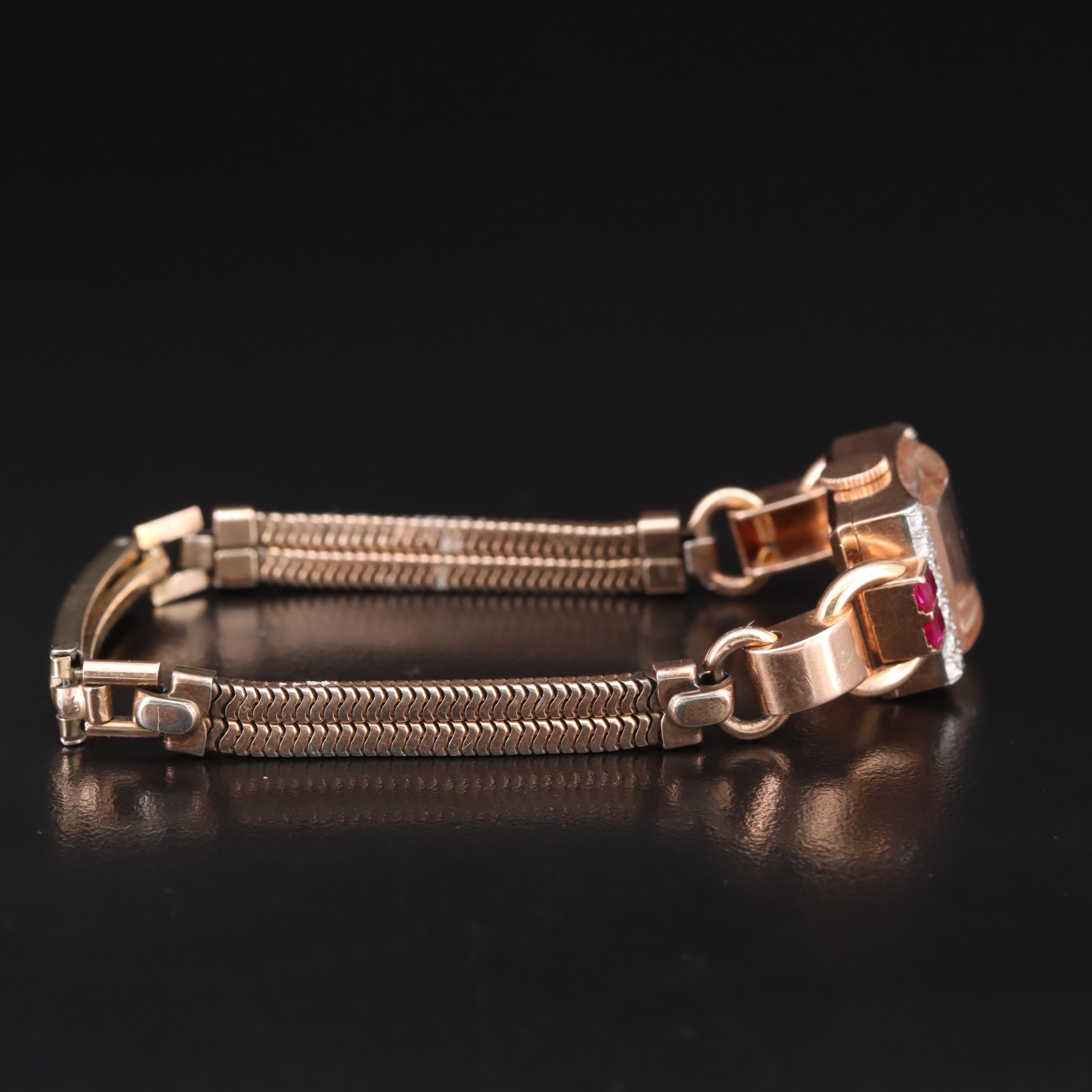 Vintage 14K Rose Gold Hamilton Diamond and Ruby Watch