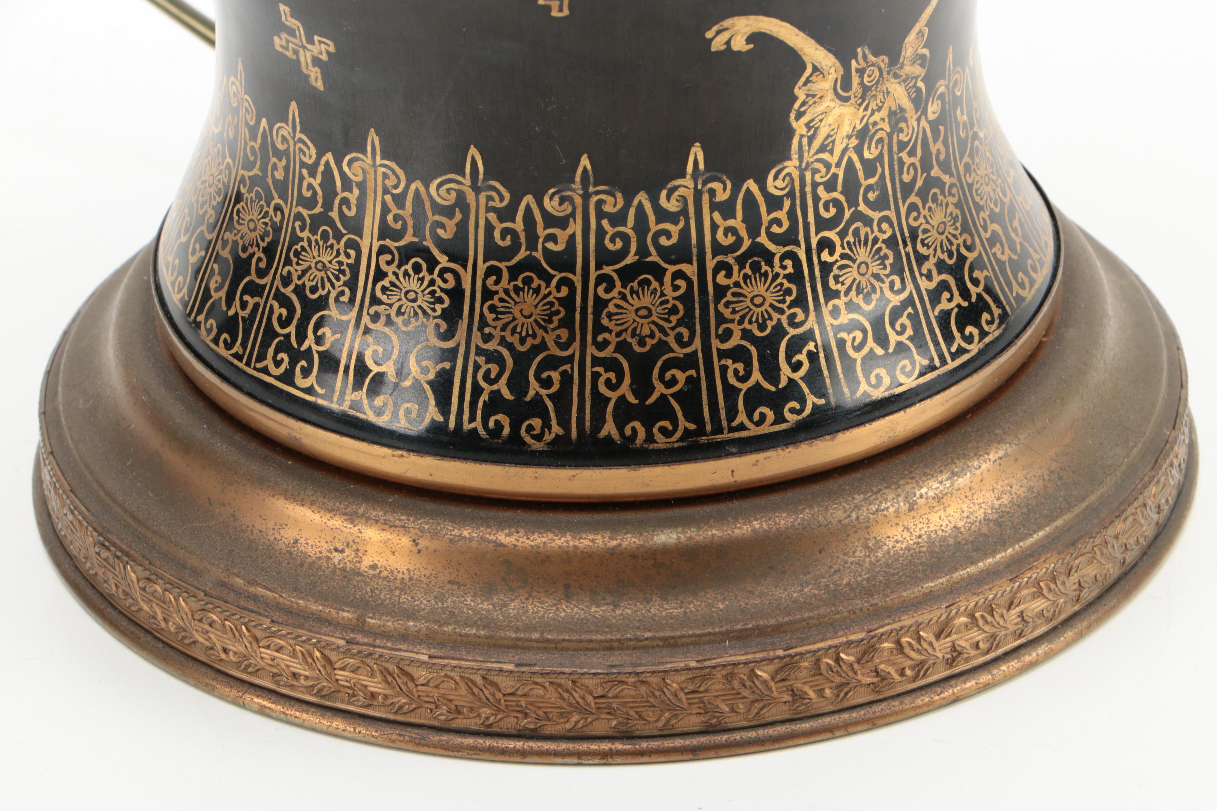 Asian Influence Mirror Black and Gilded Brass Table Lamp