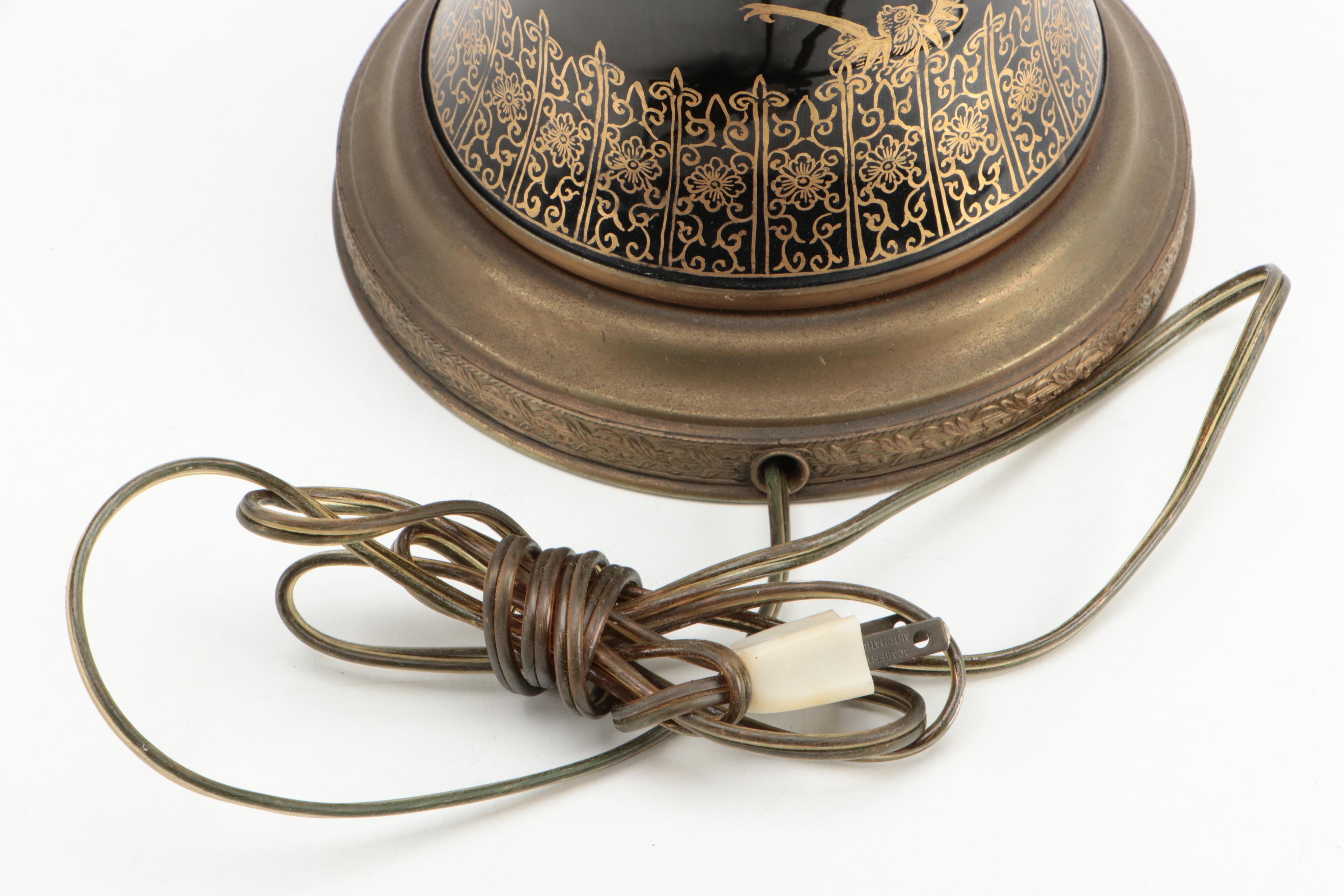 Asian Influence Mirror Black and Gilded Brass Table Lamp