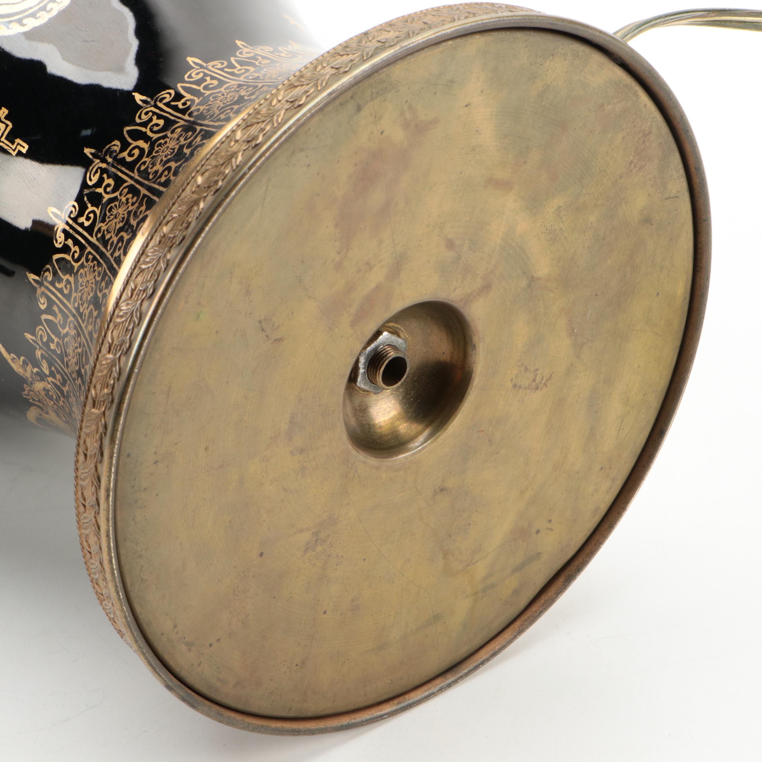 Asian Influence Mirror Black and Gilded Brass Table Lamp