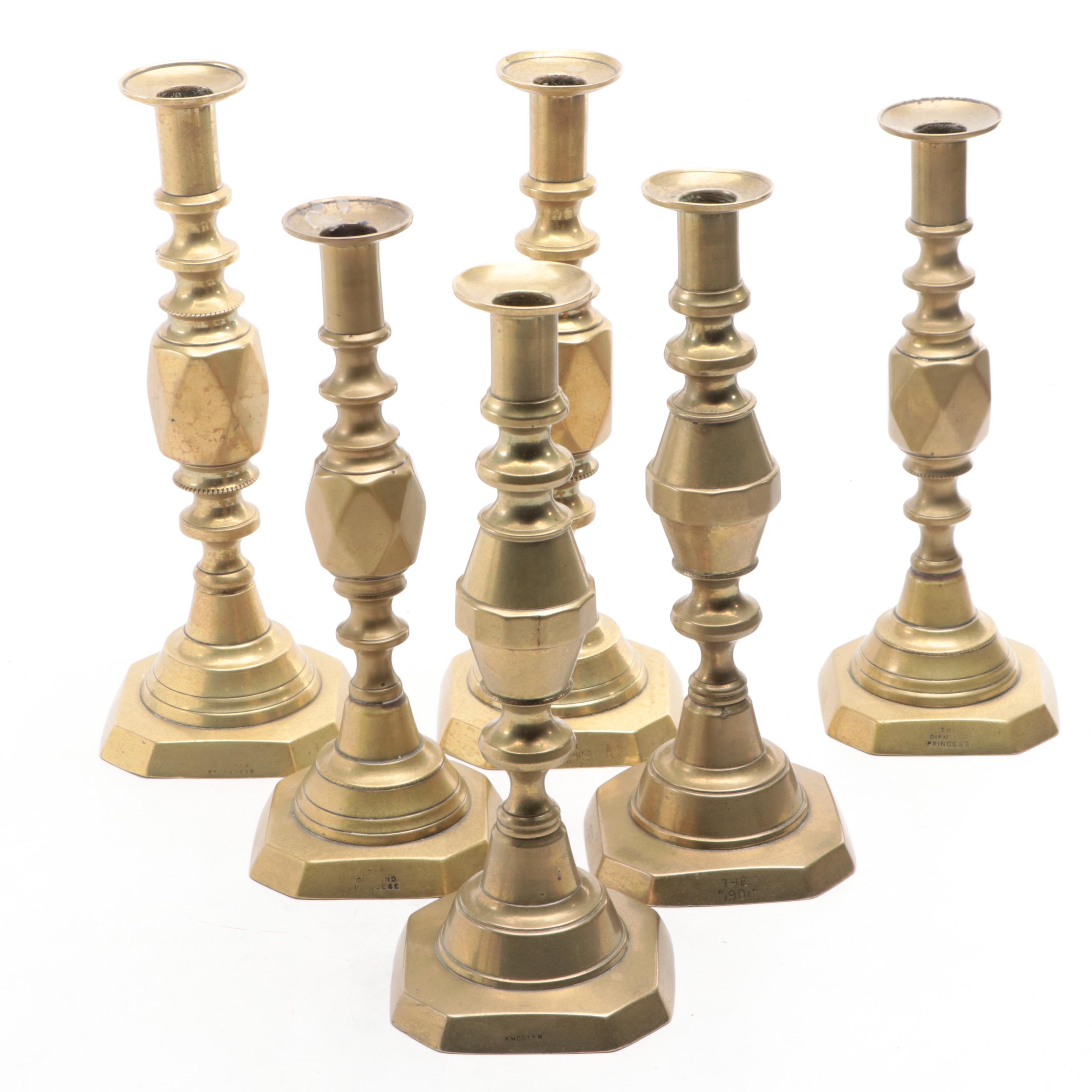 James Clews and Sons "Diamond Prince" and Other Brass Candlesticks and Oil Lamp