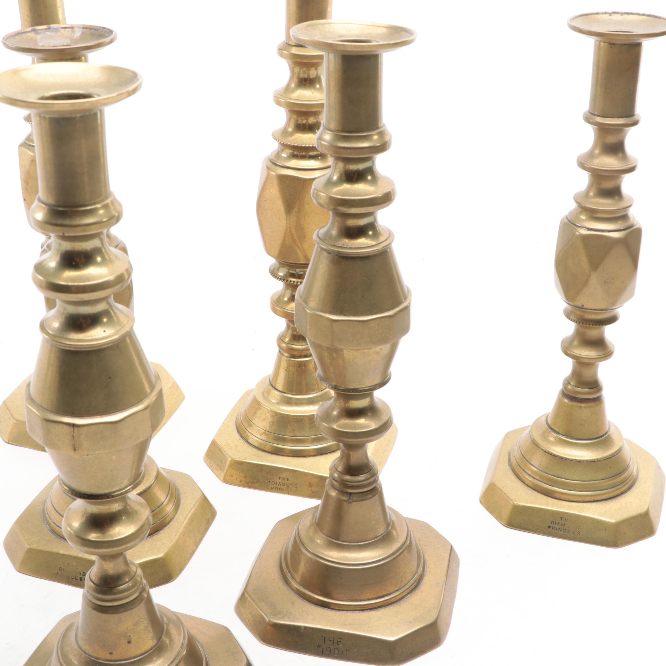 James Clews and Sons "Diamond Prince" and Other Brass Candlesticks and Oil Lamp