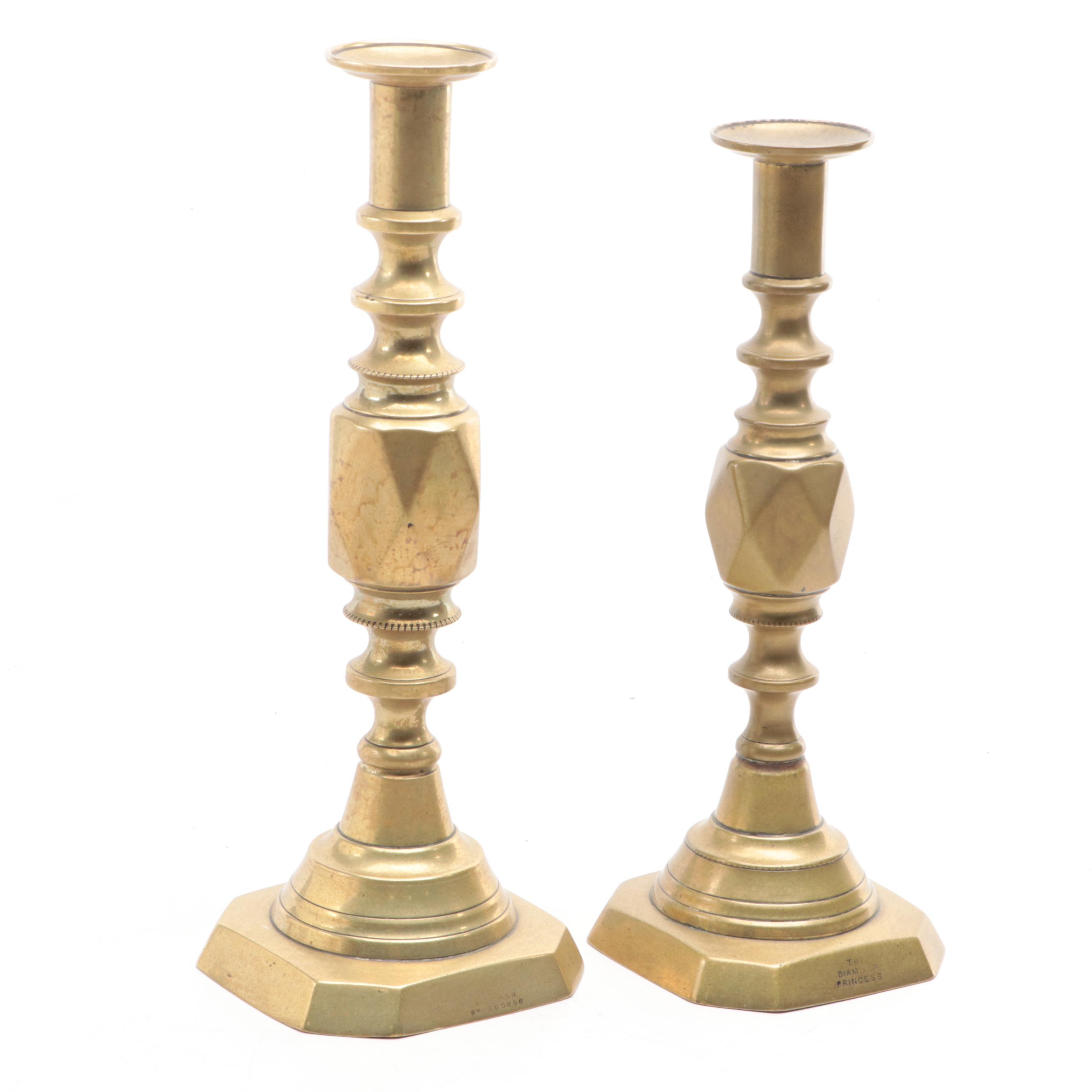 James Clews and Sons "Diamond Prince" and Other Brass Candlesticks and Oil Lamp