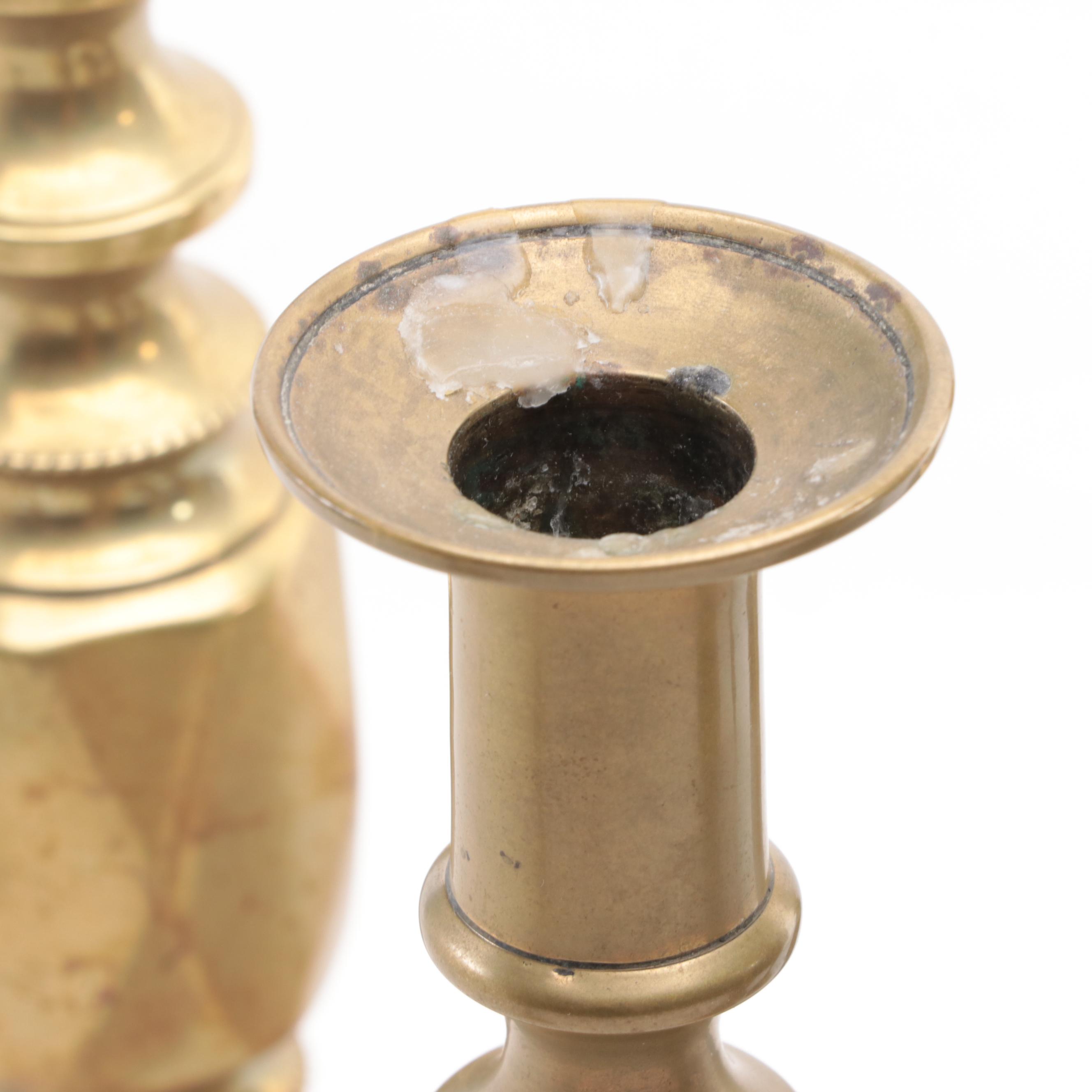 James Clews and Sons "Diamond Prince" and Other Brass Candlesticks and Oil Lamp