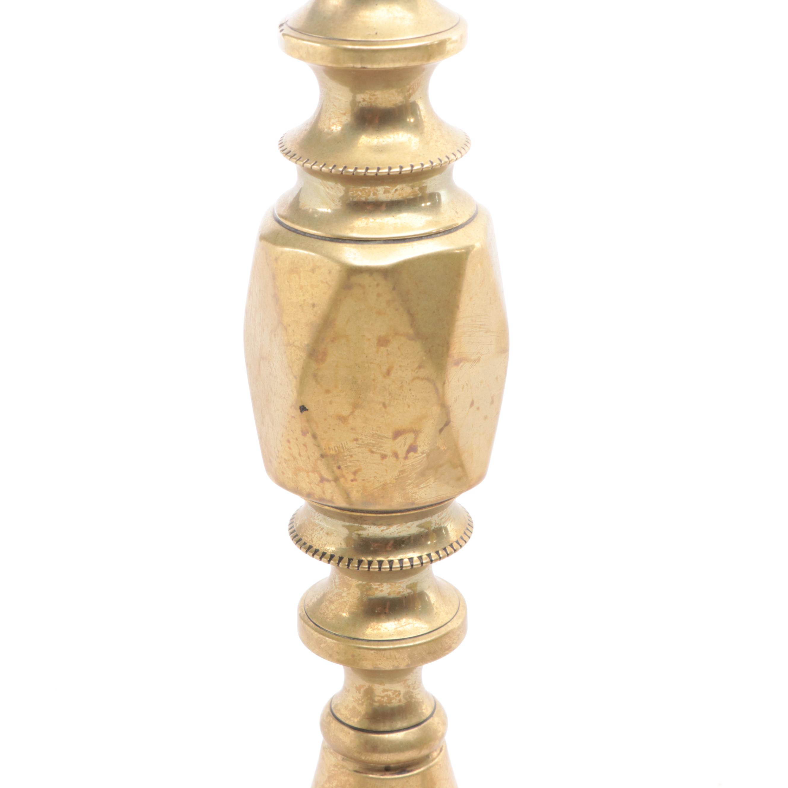 James Clews and Sons "Diamond Prince" and Other Brass Candlesticks and Oil Lamp