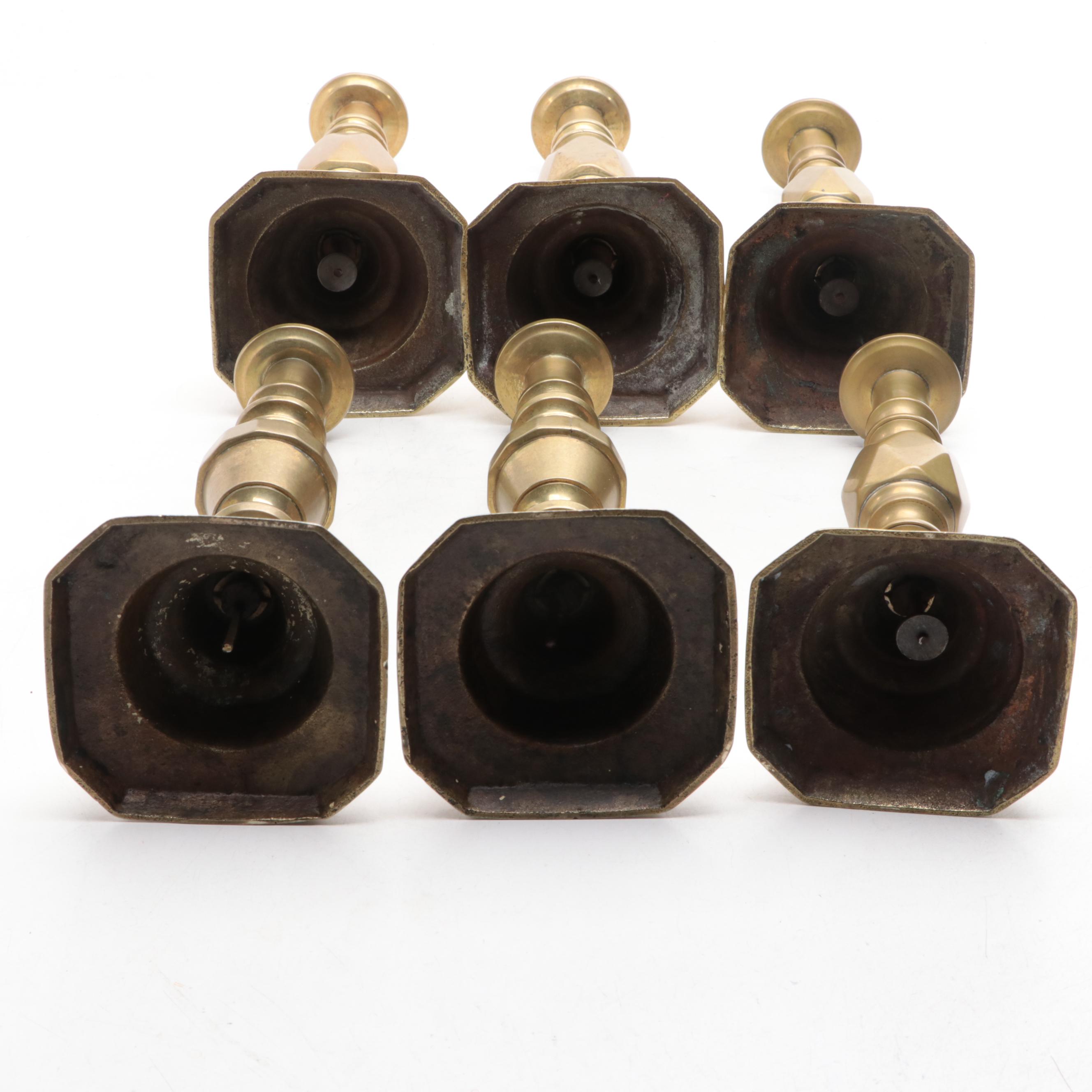 James Clews and Sons "Diamond Prince" and Other Brass Candlesticks and Oil Lamp